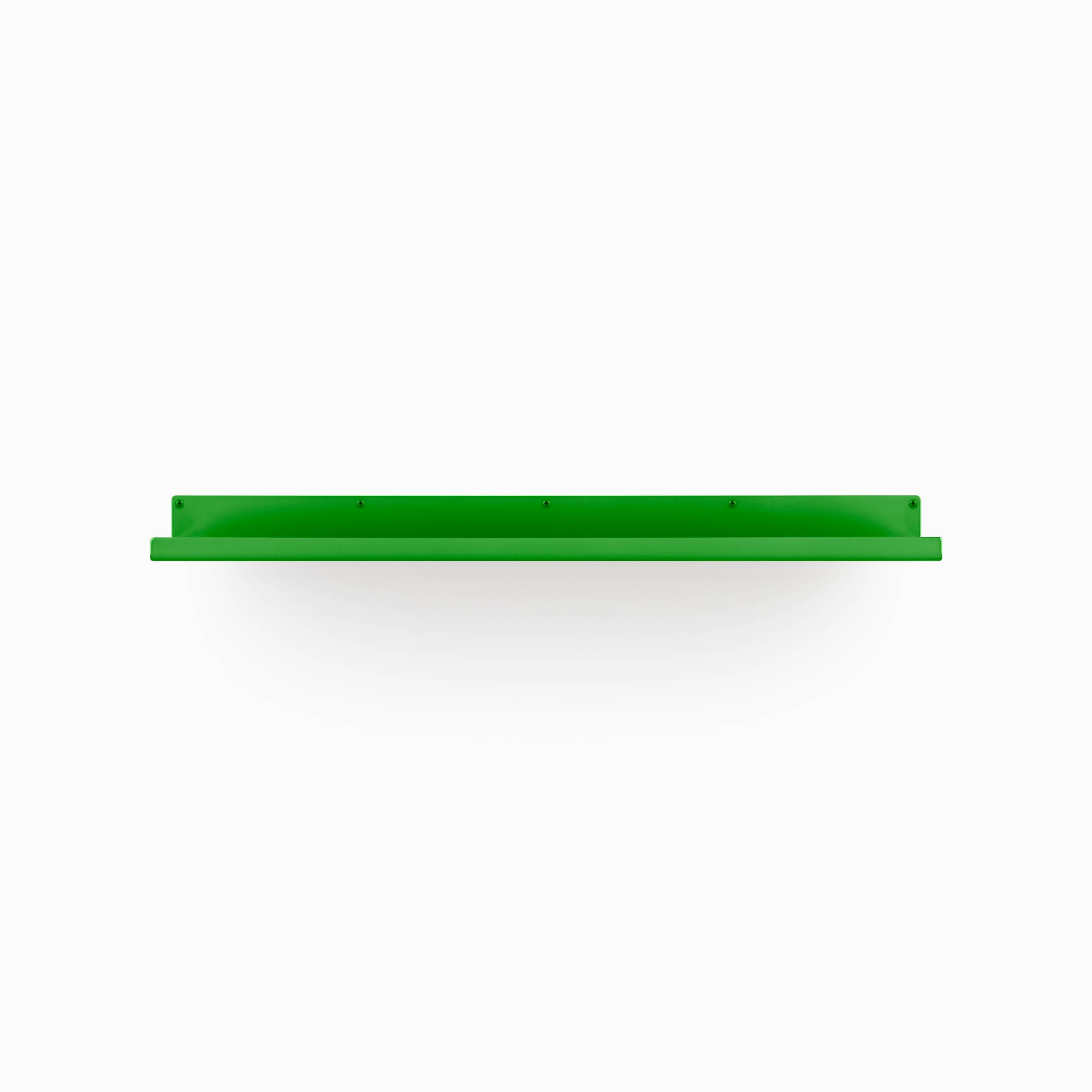 Bright green metal floating shelf with clean edges and mounting holes against a plain white background