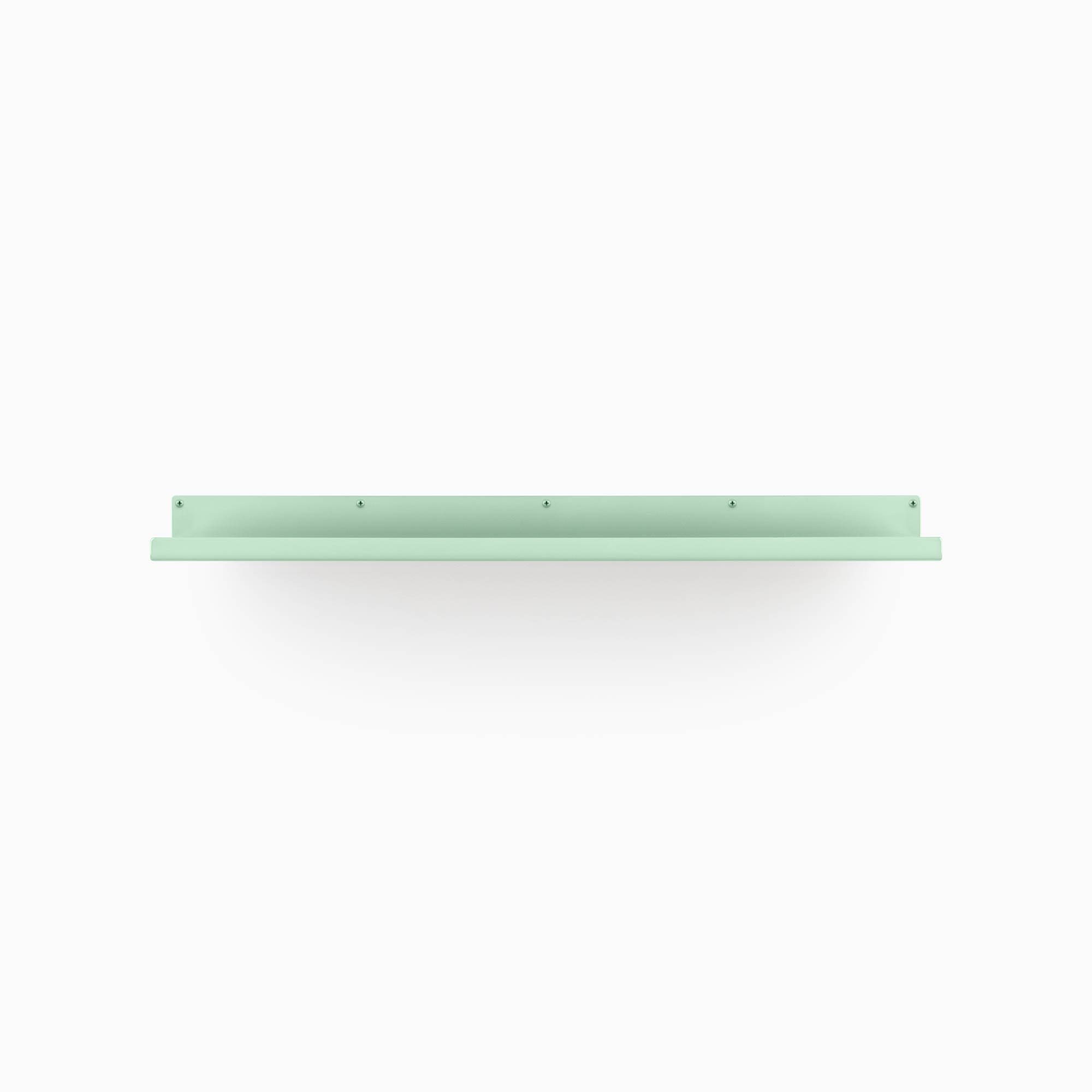 Soft mint green metal floating shelf with slim profile and mounting holes against a clean white background