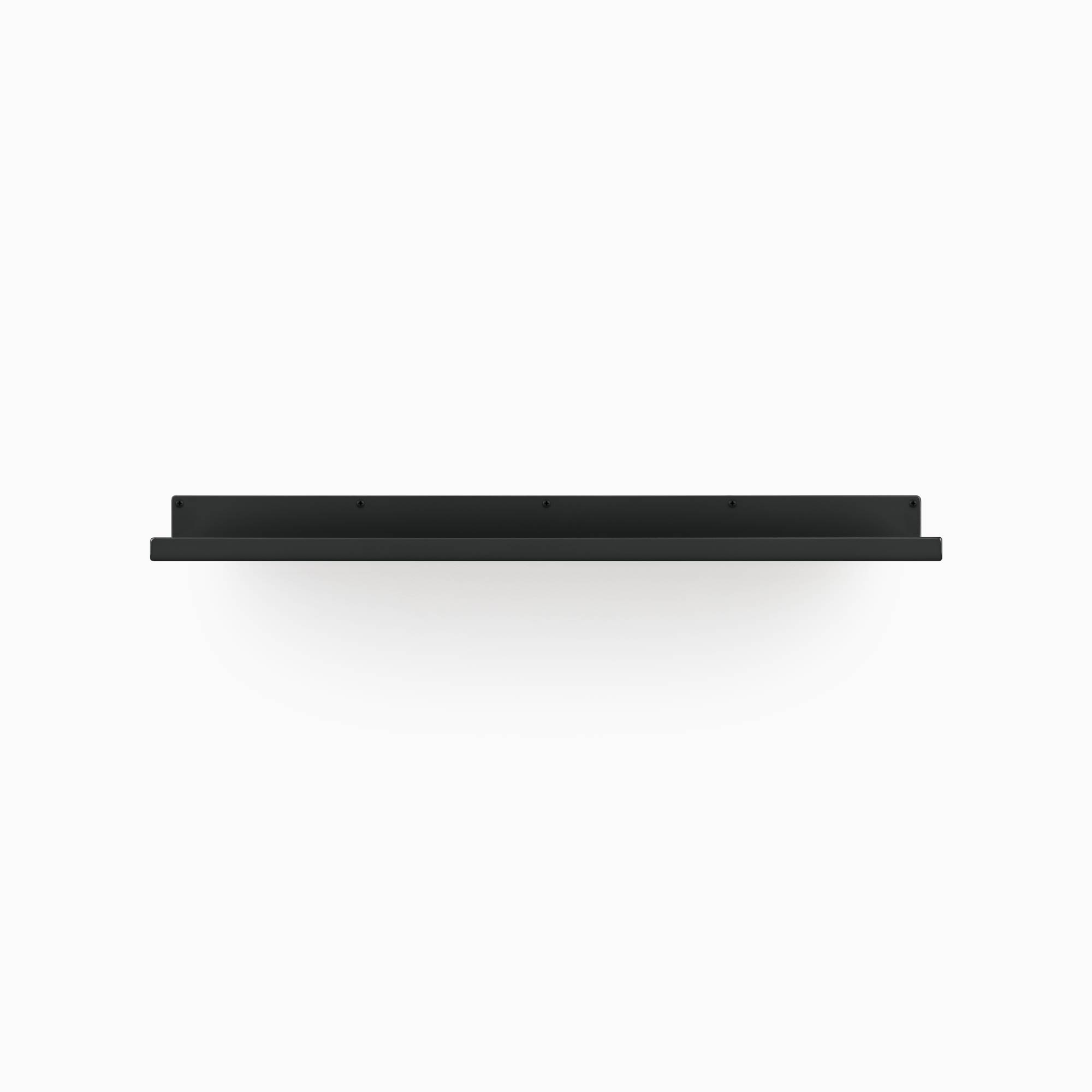Matte black metal floating shelf bracket with narrow profile and mounting holes against a white background