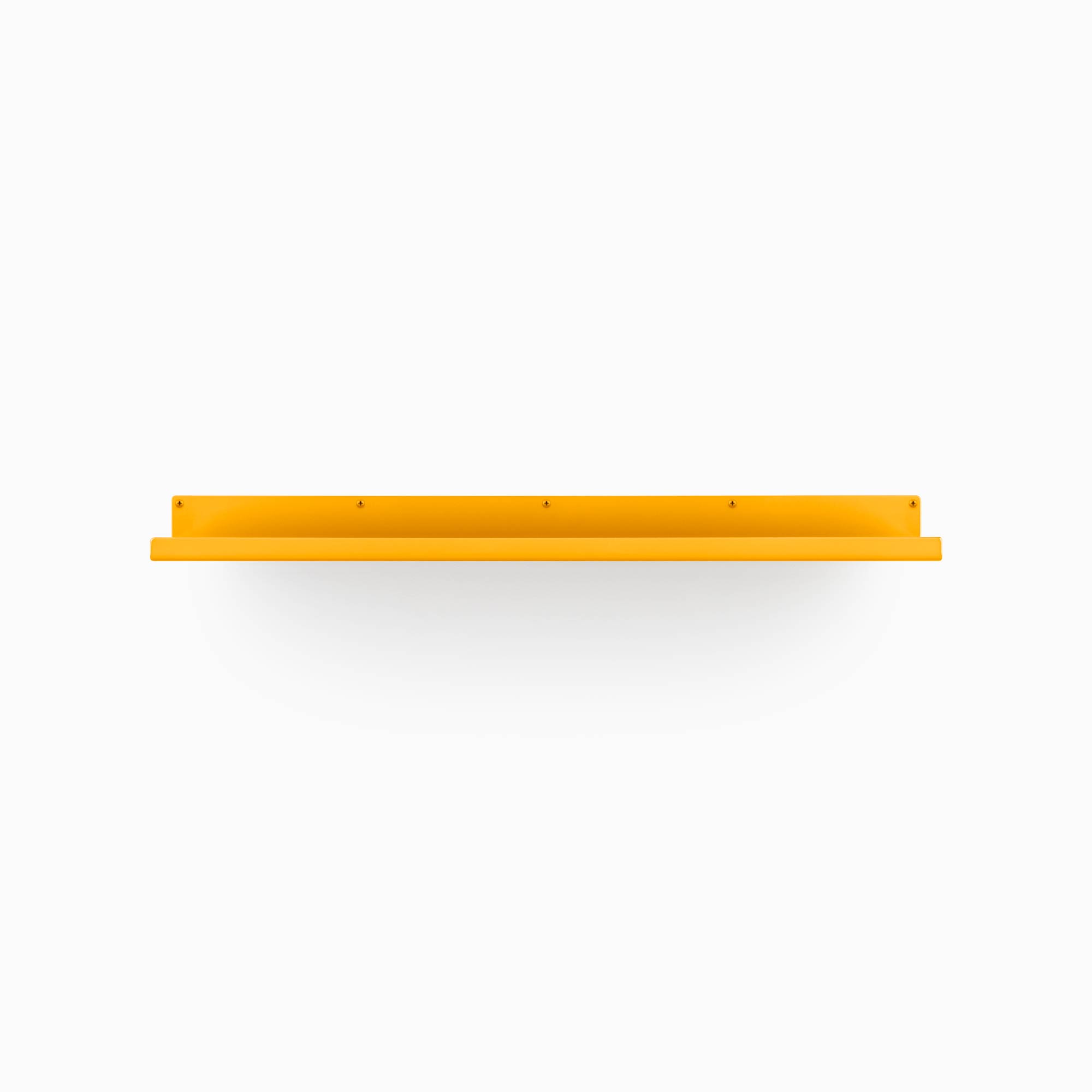 Vibrant orange metal floating shelf bracket with a minimalist design and screw holes on a plain white background