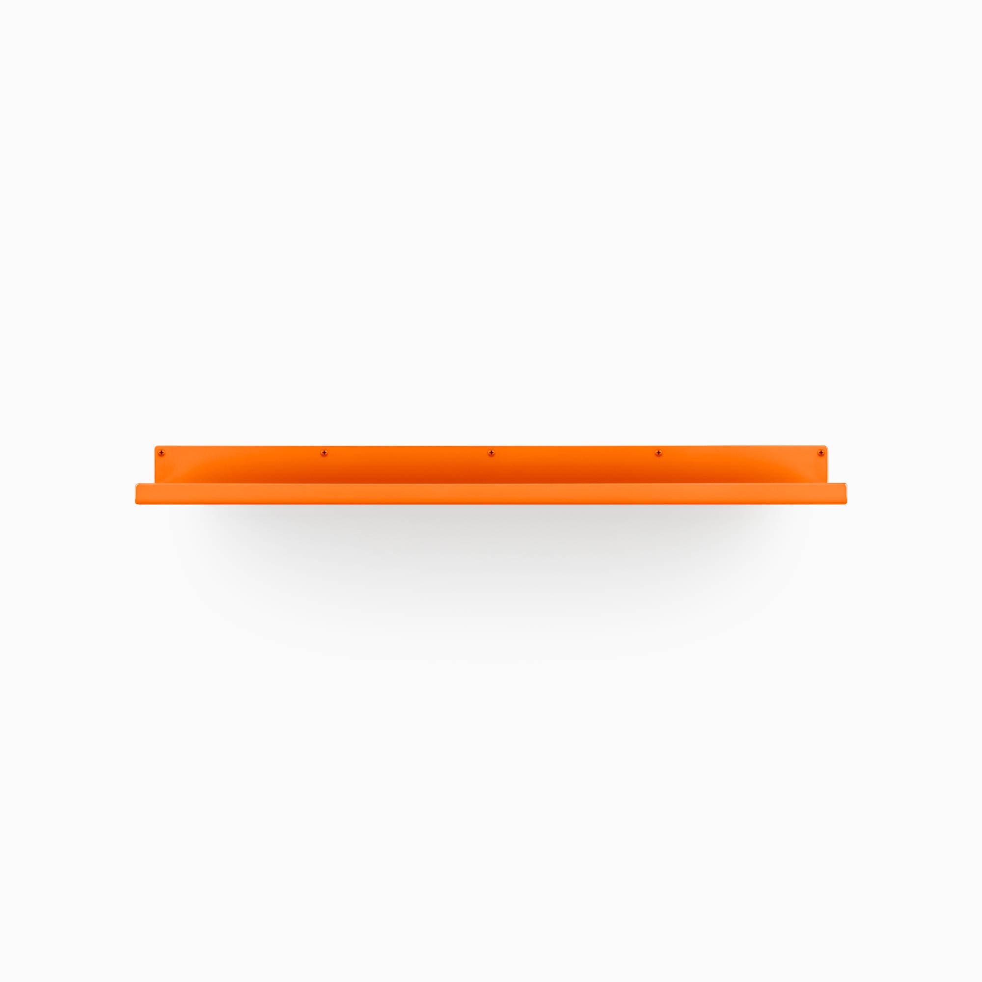 Bright orange metal floating shelf bracket with a slim profile and screw holes on a clean white background