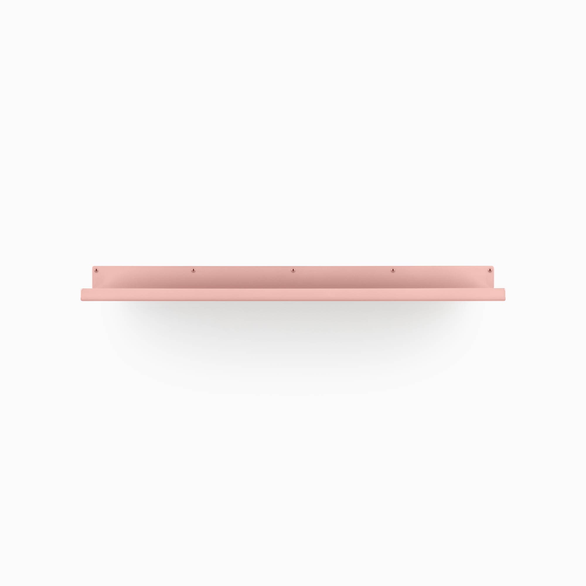 Light pink metal floating shelf bracket with a smooth finish and mounting holes on a white background