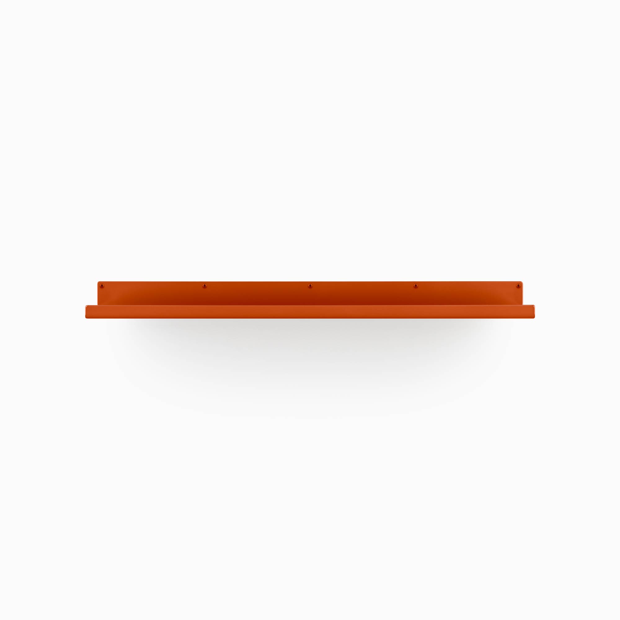 Rust-colored metal floating shelf bracket with a flat base and multiple mounting holes on a white background