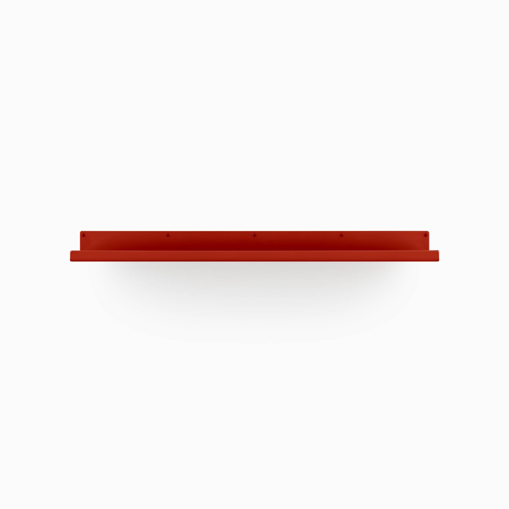 Deep red metal floating shelf bracket with flat top edge and evenly spaced mounting holes on white background