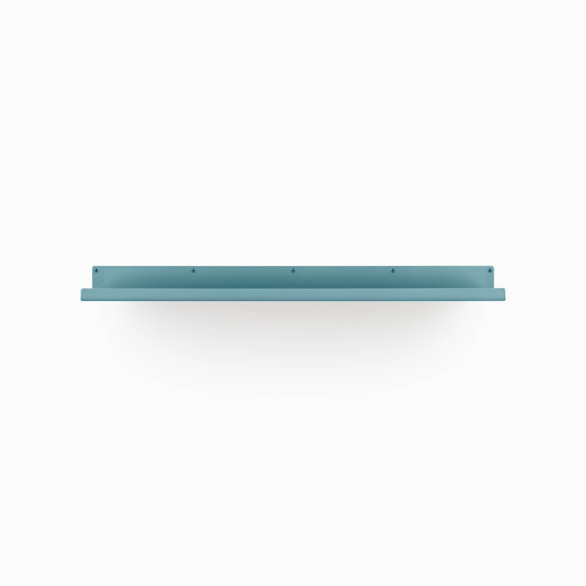 Teal blue metal floating shelf bracket with slim profile and evenly spaced mounting holes on a white background
