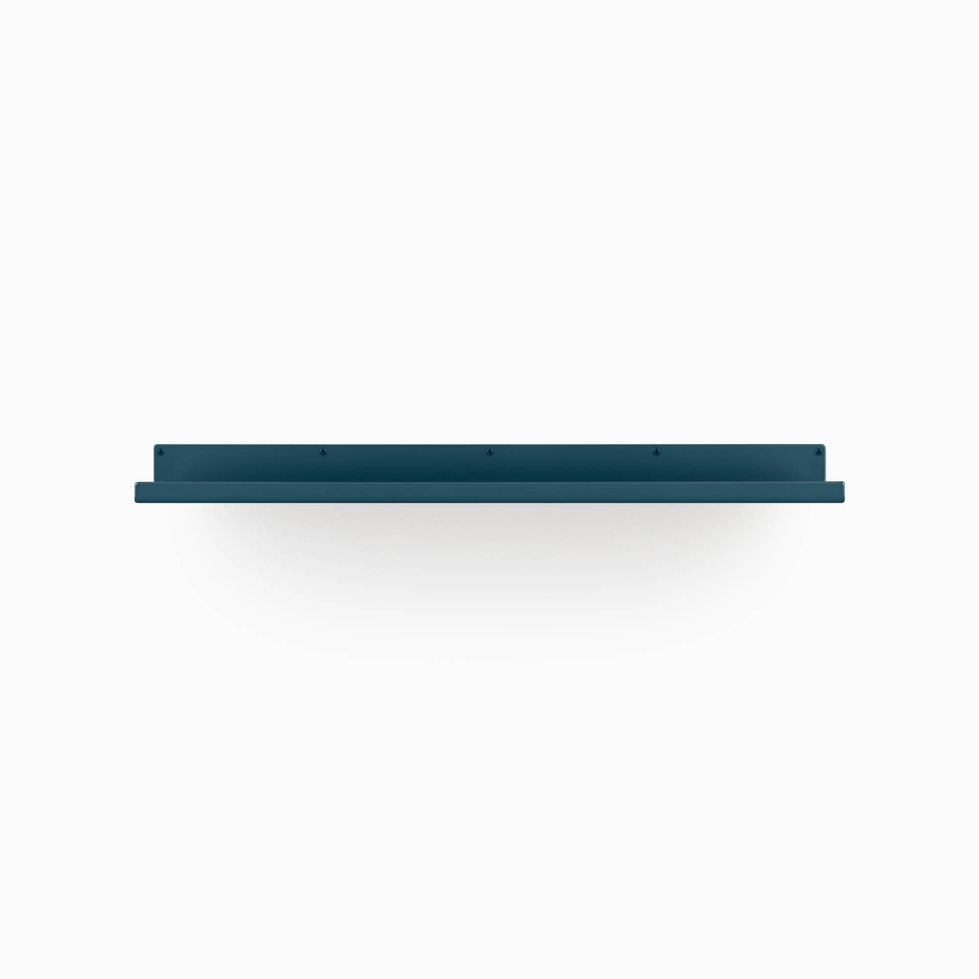 Dark teal metal wall-mounted floating shelf bracket with slim design and screw holes on a white background