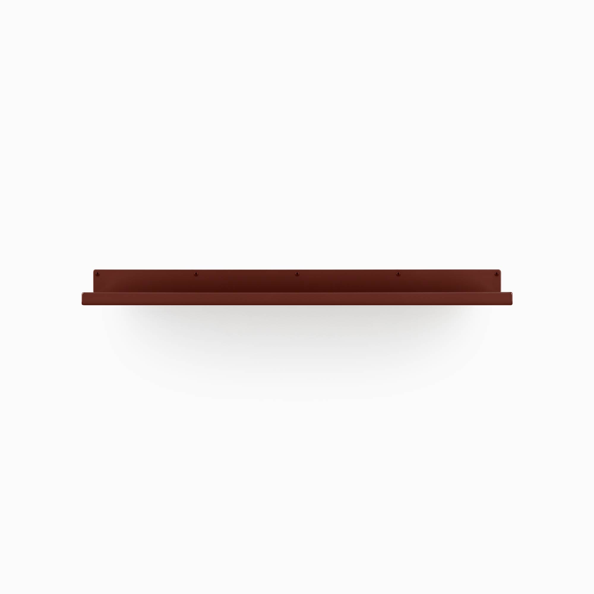Rust-colored metal floating mantel bracket with a flat base and mounting holes on a white background