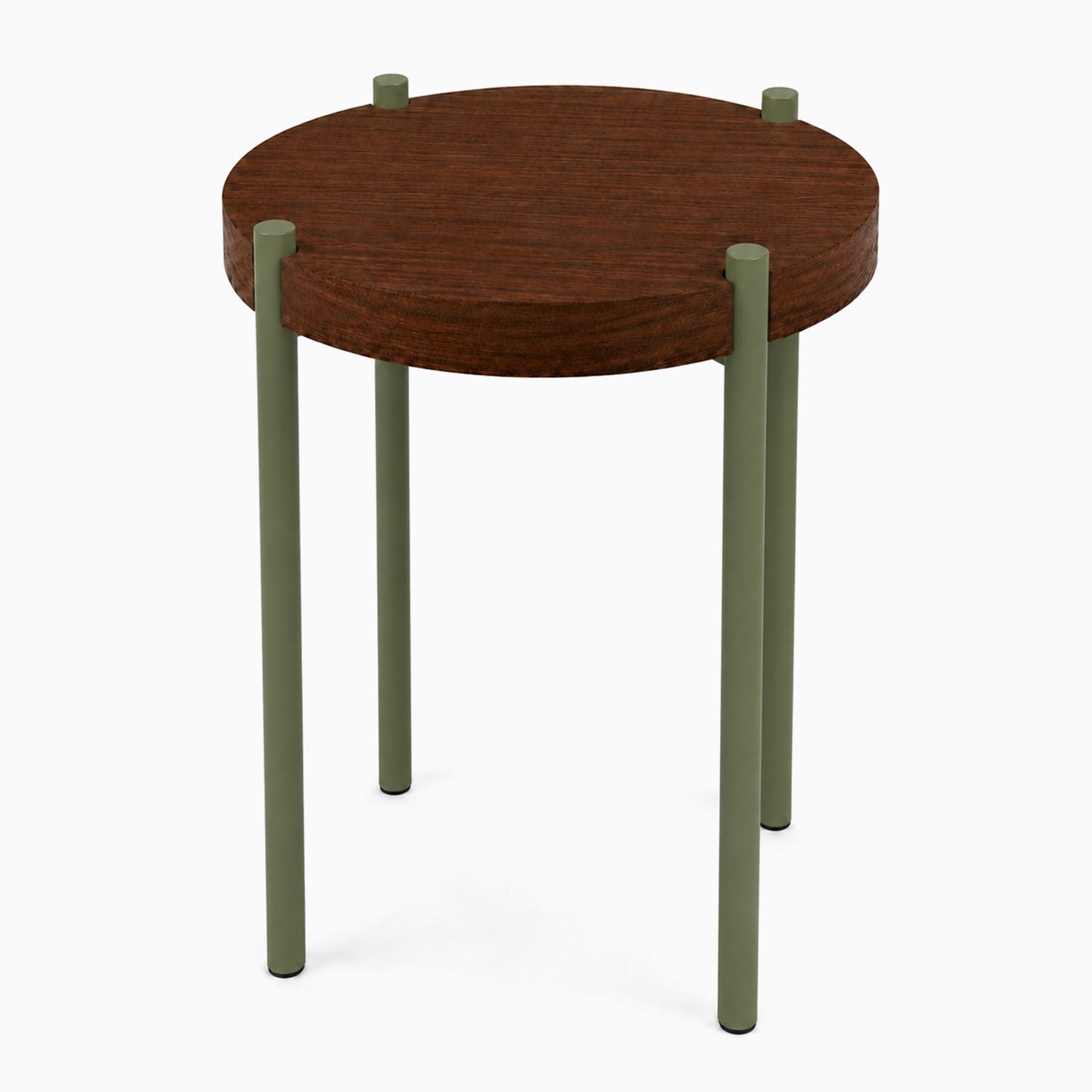 Fern Plant Stand (Walnut) featuring a minimalist design with a round walnut wood top and sturdy olive green metal legs, perfect for display and organization.