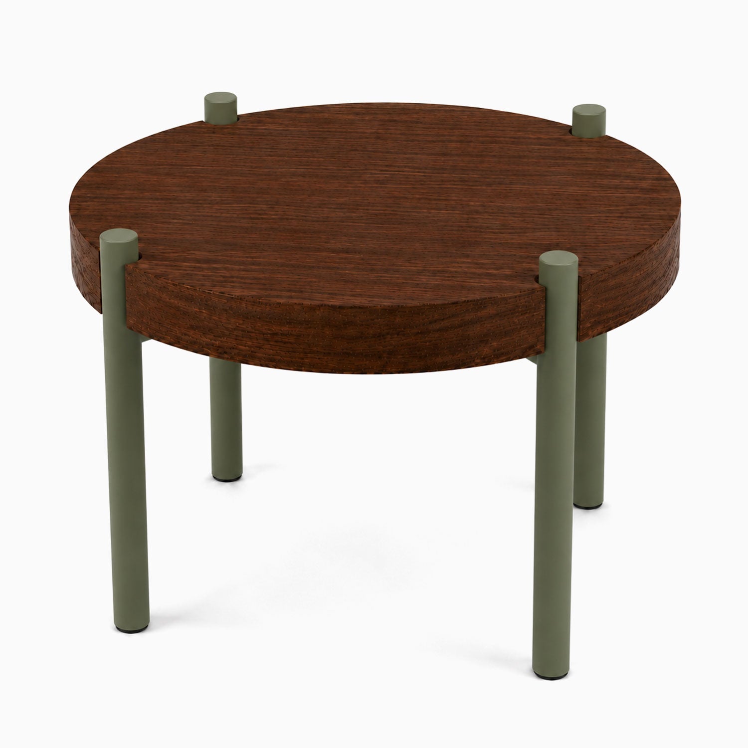 Fern Plant Stand (Walnut) featuring a round walnut wood top with four green metal legs, combining solid hardwood and steel for durable display.