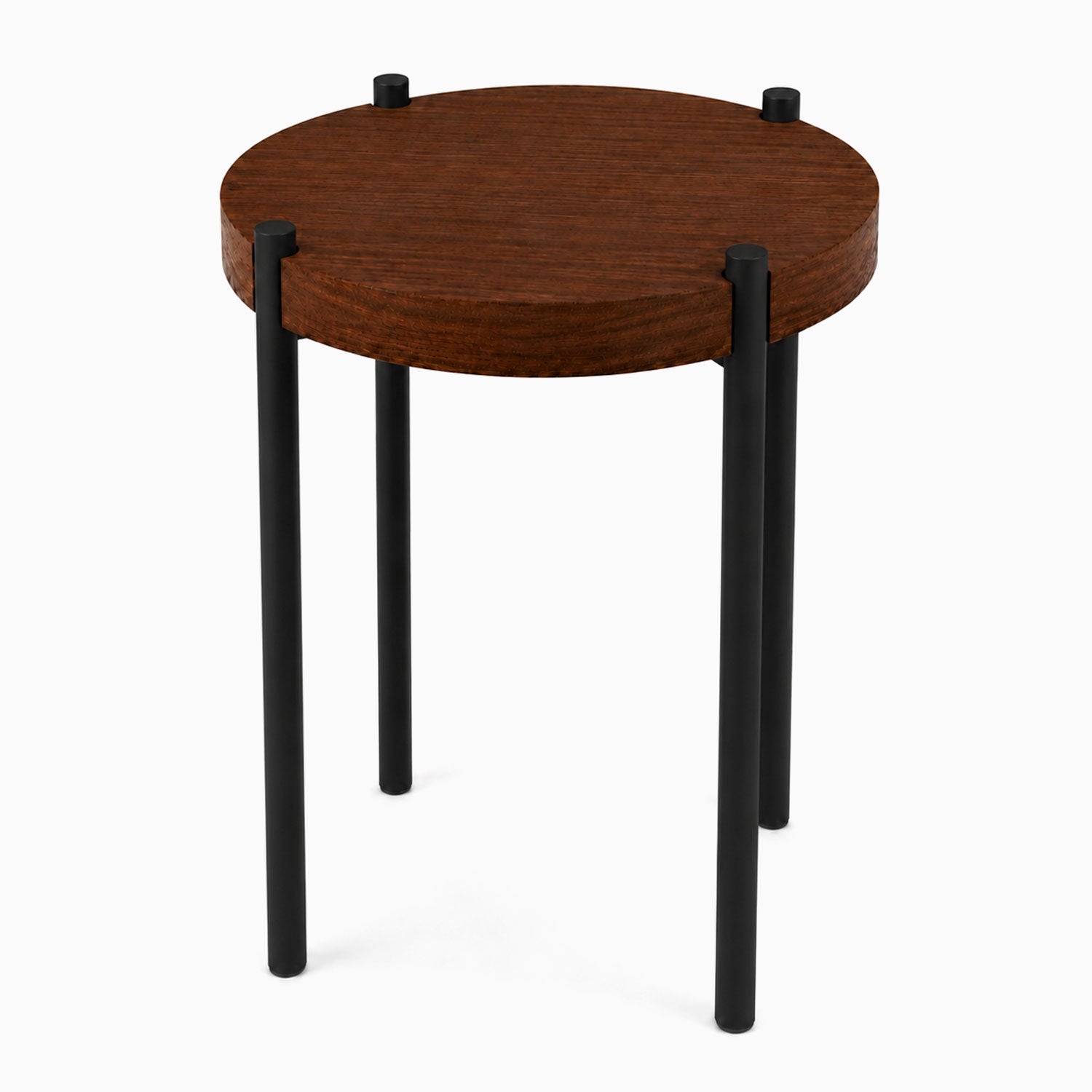 Fern Plant Stand (Walnut) with a minimalist round solid hardwood top supported by sleek black metal legs, perfect for stylish display and organization.