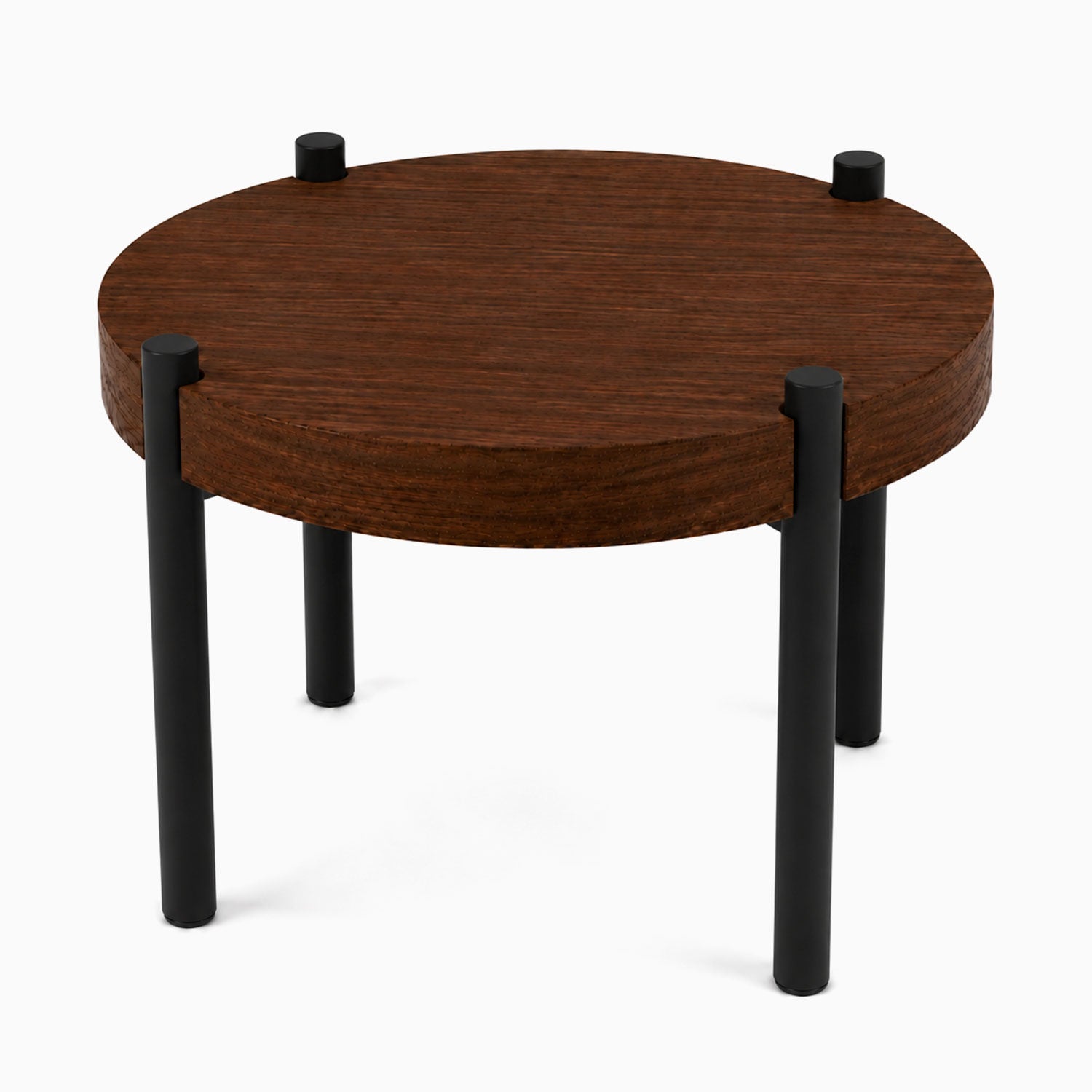 Fern Plant Stand (Walnut) featuring a round walnut wood top supported by sturdy black metal legs, designed for minimalist and functional display.
