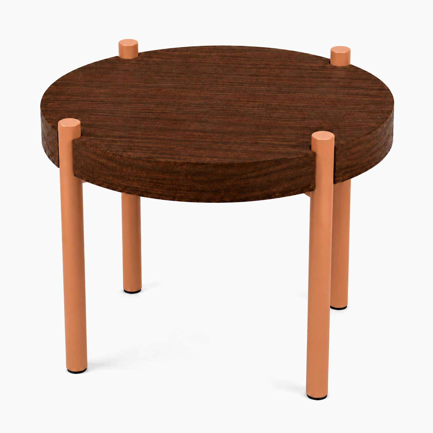 Fern Plant Stand (Walnut) featuring a round walnut wood top supported by four sturdy cylindrical legs in a warm terracotta finish for functional display.