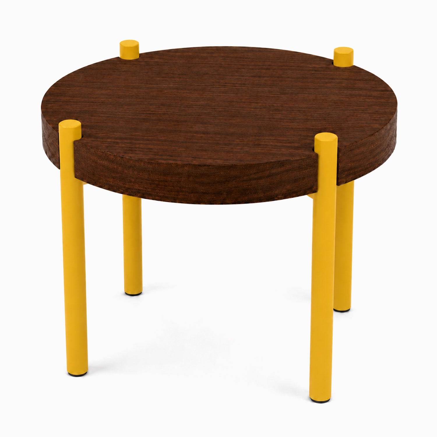 Fern Plant Stand (Walnut) featuring a round solid walnut top with vibrant yellow steel legs, combining minimalist design and durable American-made materials.
