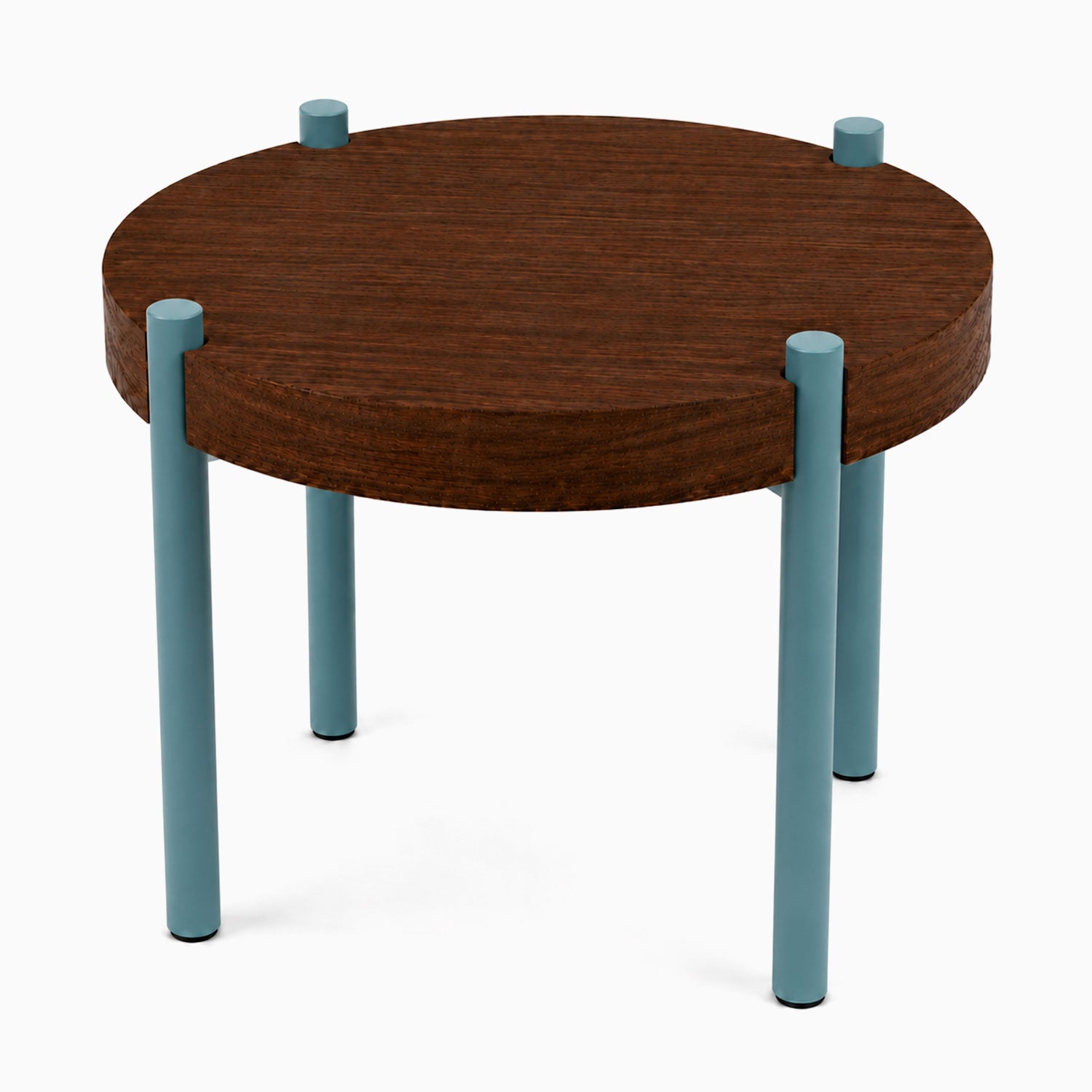 Fern Plant Stand (Walnut) featuring a minimalist round walnut top supported by four steel legs in muted blue, perfect for organized display.