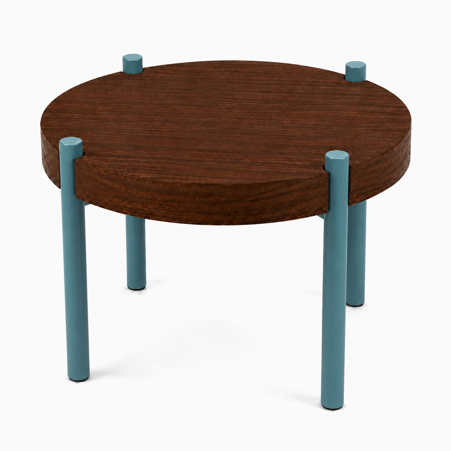 Fern Plant Stand (Walnut) with a round walnut wood top and blue steel legs, minimalist design blending solid hardwood and metal for stylish display.