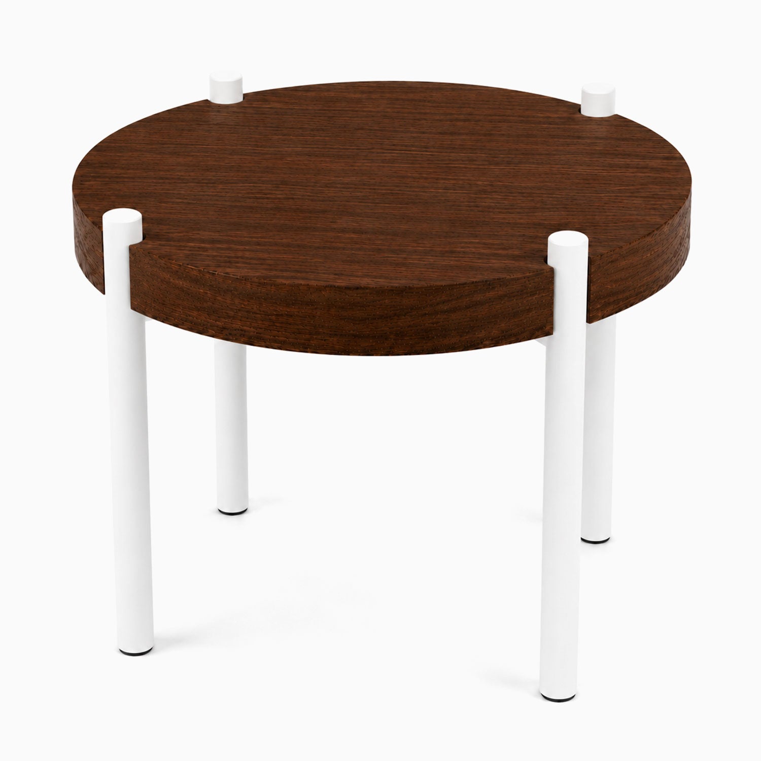 Fern Plant Stand (Walnut) featuring a round solid hardwood top with a rich walnut finish supported by minimalist white metal legs for versatile display and organization.