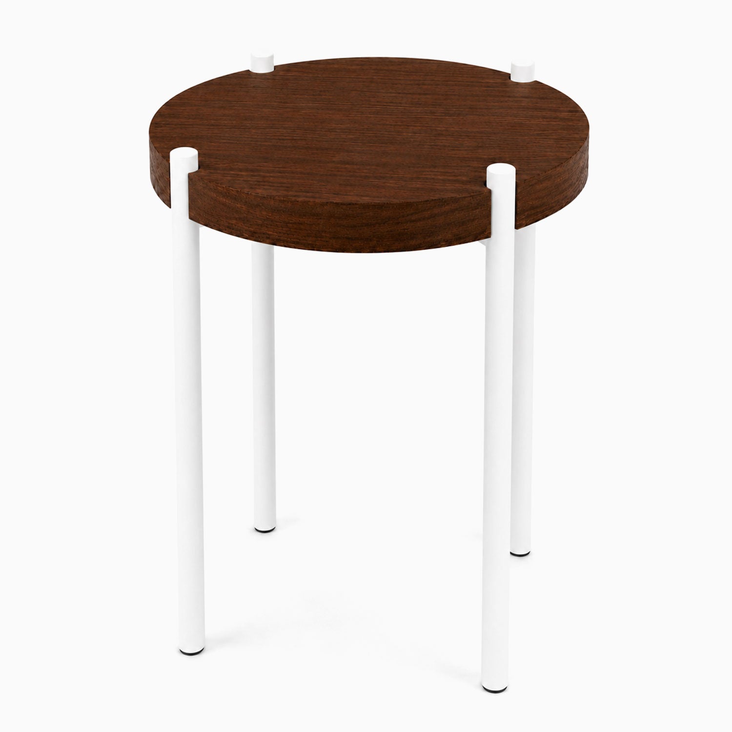 Fern Plant Stand (Walnut) featuring a round solid hardwood walnut top with minimalist white metal legs, blending wood and steel for a durable mixed-material design.
