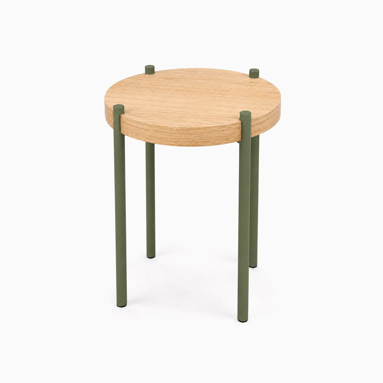 Fern Plant Stand (White Oak) with round solid hardwood top and olive green metal legs, blending minimalist design with durable materials.
