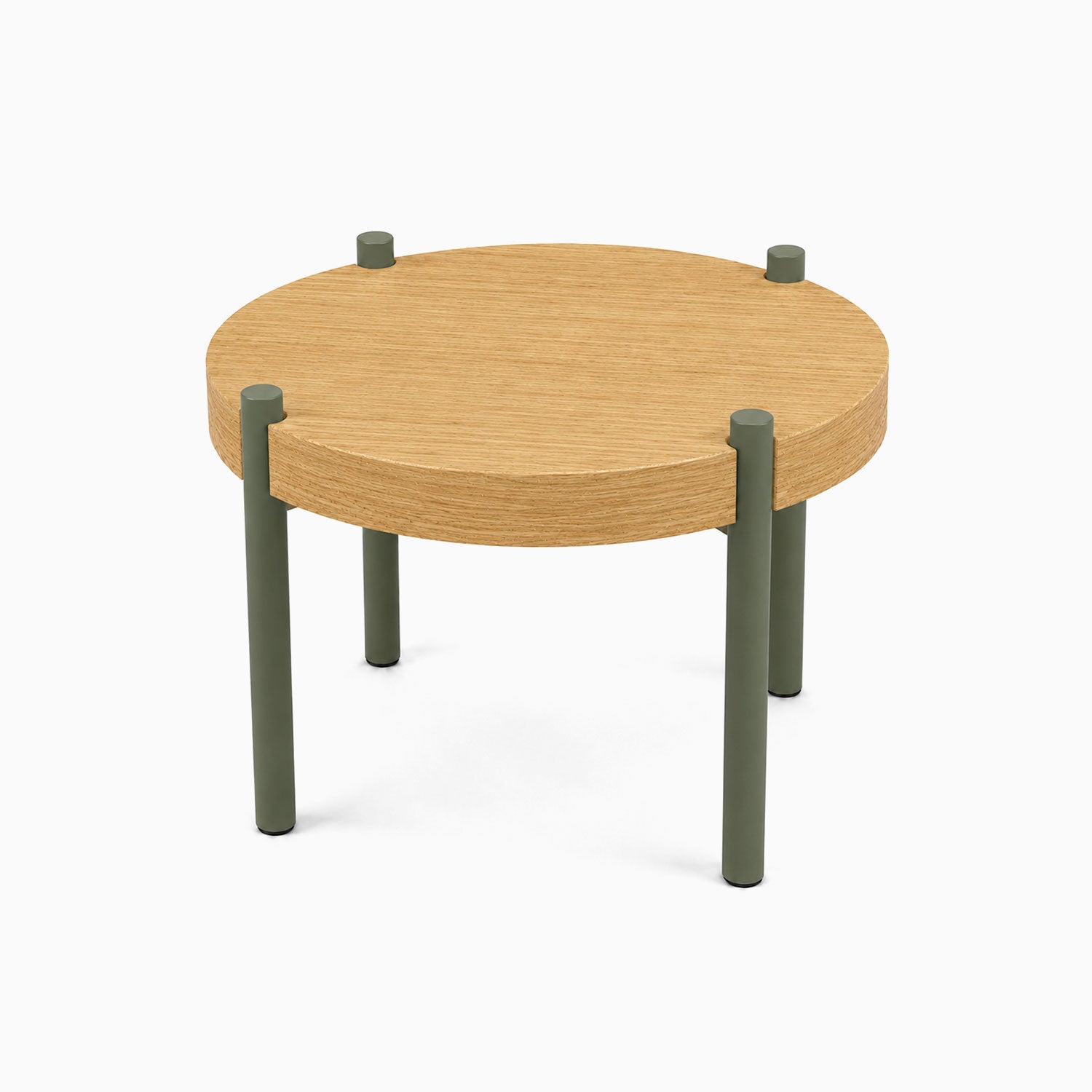 Fern Plant Stand (White Oak) featuring a minimalist white oak round top with sturdy metal legs in muted green, perfect for stylish plant display.