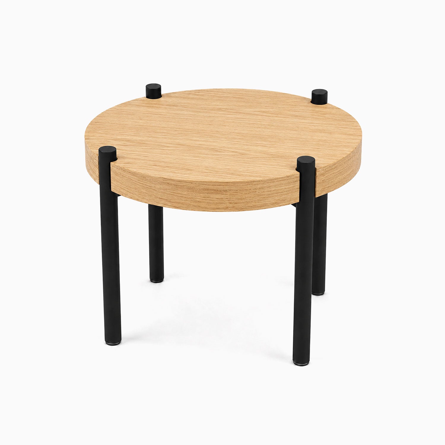 Fern Plant Stand (White Oak) with a round solid wood top and sturdy black metal legs, minimalist design perfect for modern home decor.