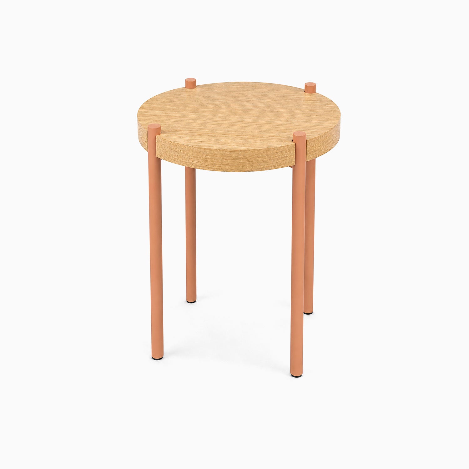 Fern Plant Stand (White Oak) featuring a minimalist round solid hardwood top with slender, rust-resistant steel legs in a warm terracotta finish, perfect for stylish plant display.