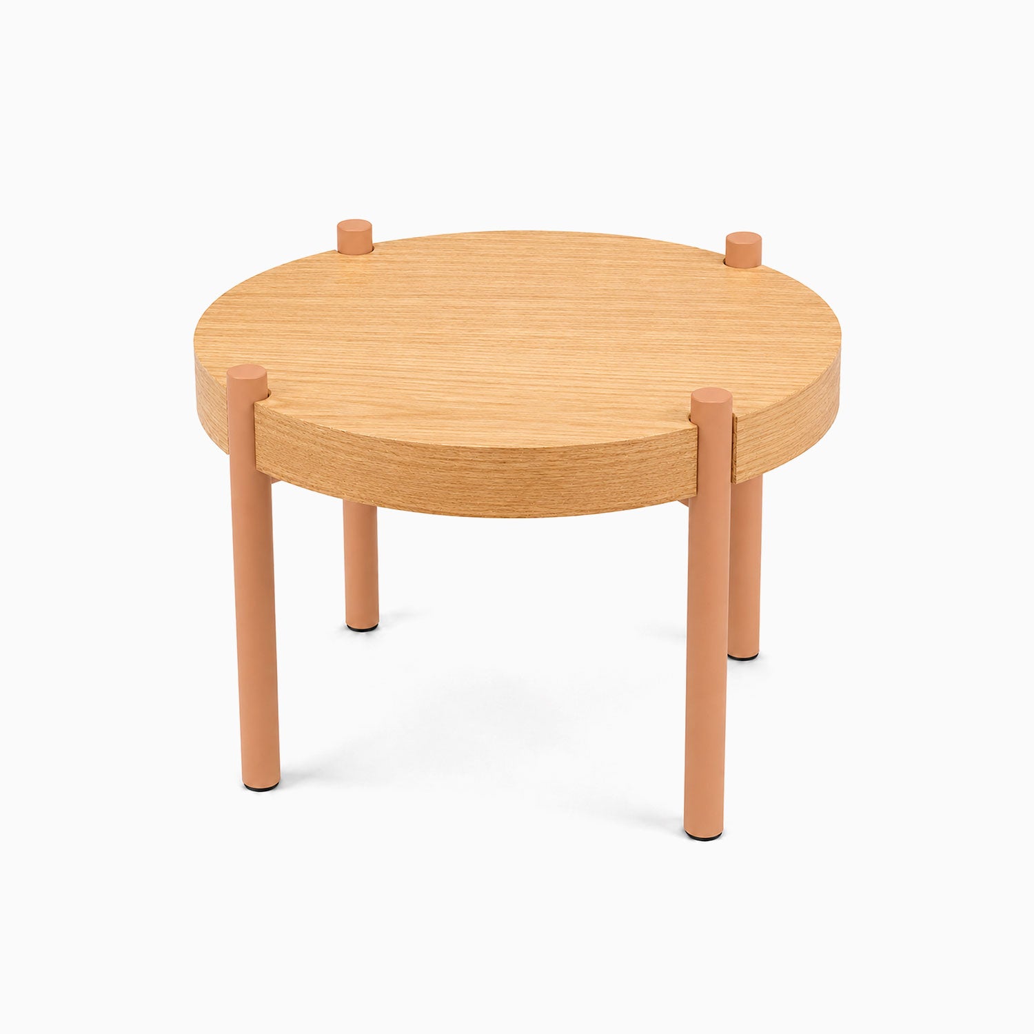Fern Plant Stand (White Oak) featuring a minimalist round white oak top with four sturdy, cylindrical legs in a warm terracotta tone, designed for functional display.