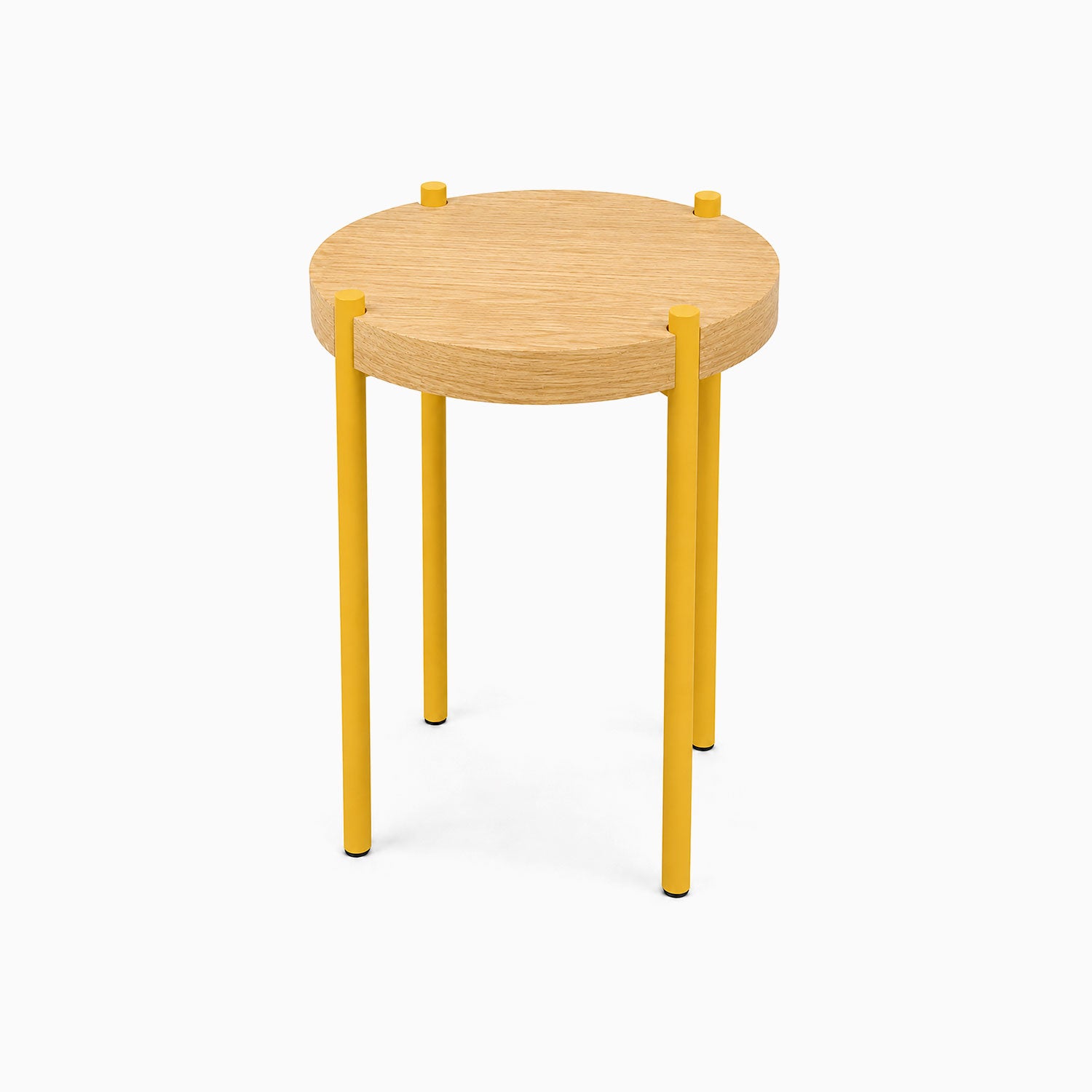 Fern Plant Stand (White Oak) with solid white oak round top and mustard yellow metal legs, minimalist and functional design perfect for versatile display and organization.