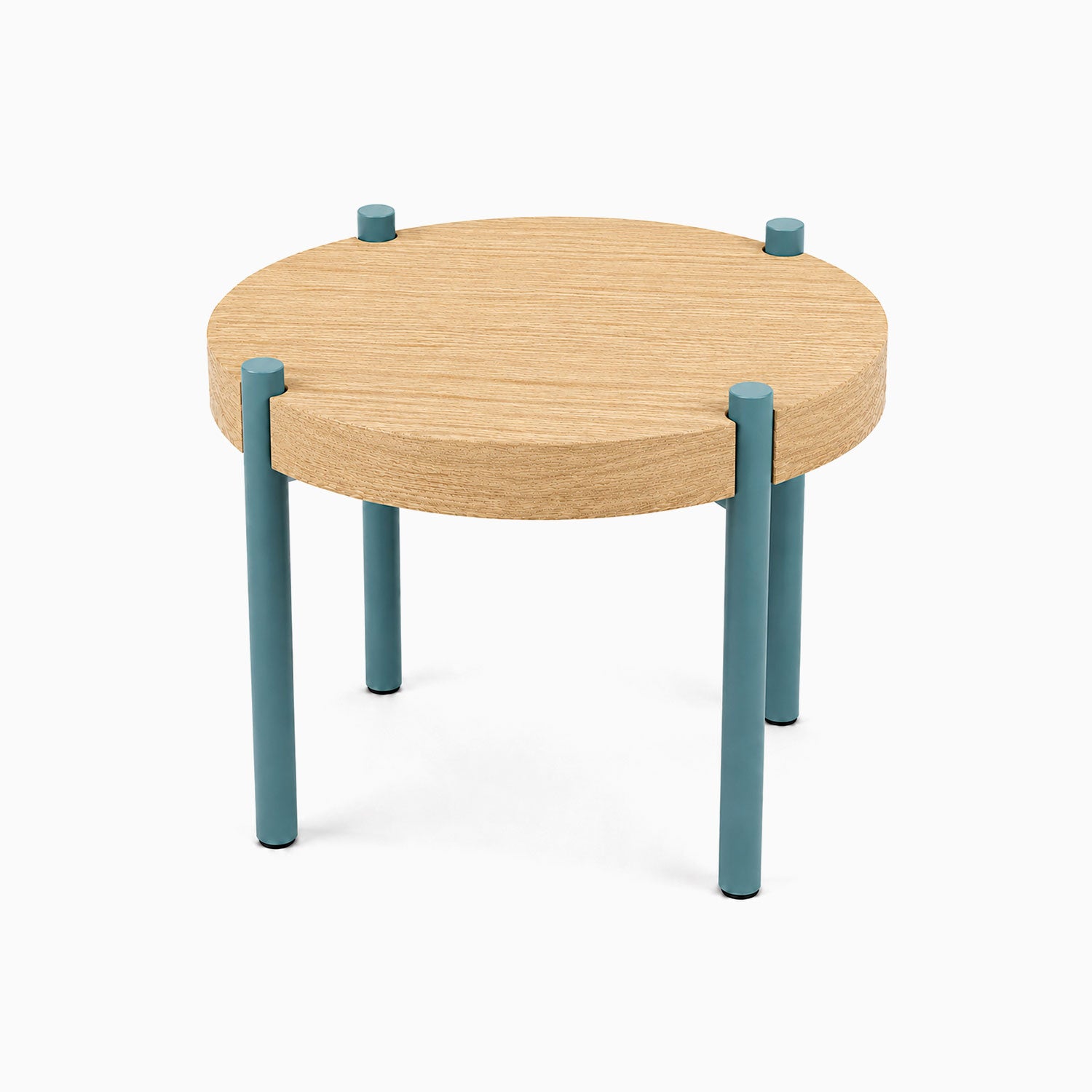 Fern Plant Stand (White Oak) with round solid wood top and sturdy blue steel legs, designed by Shelfology for stylish, functional display and organization.