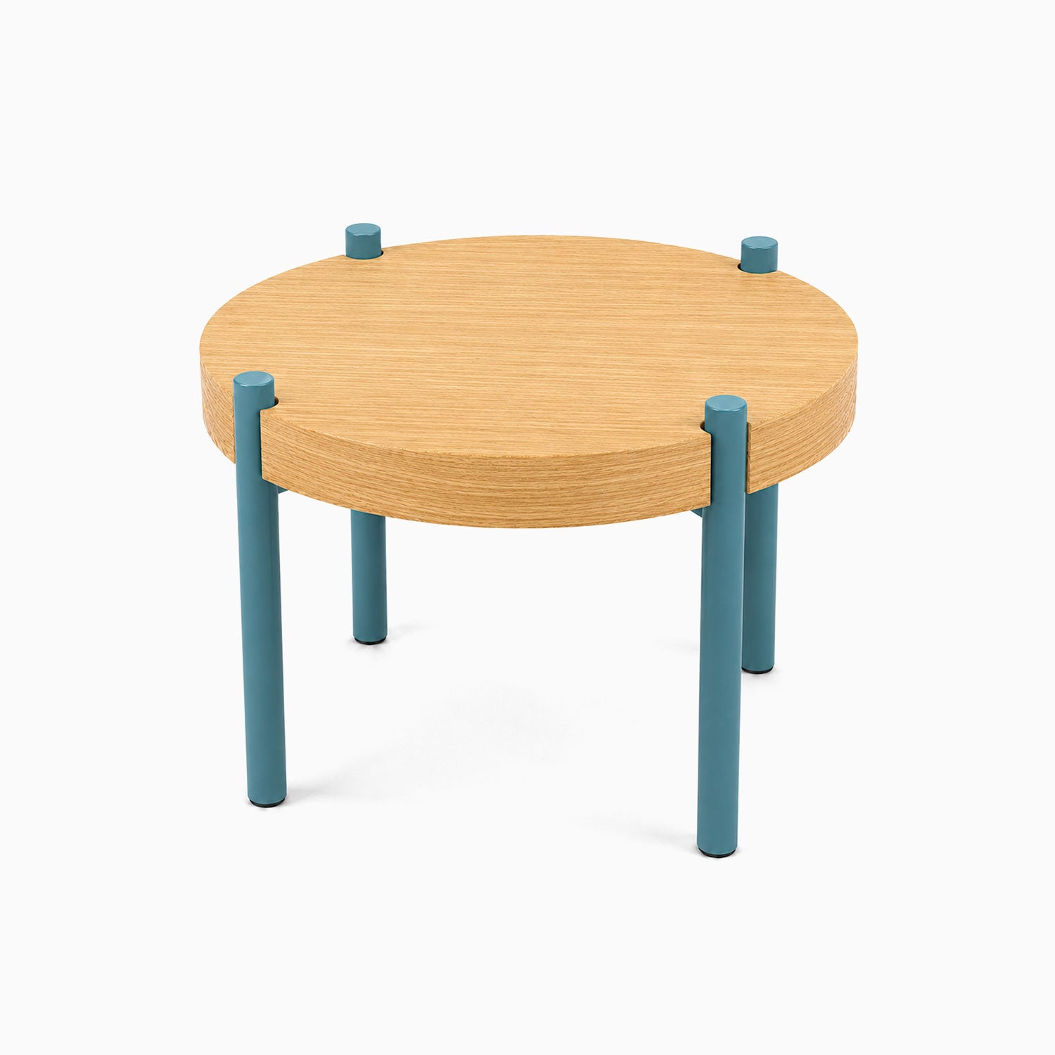 Fern Plant Stand (White Oak) featuring a minimalist round solid hardwood top with sturdy blue steel legs, ideal for stylish plant display and organization.