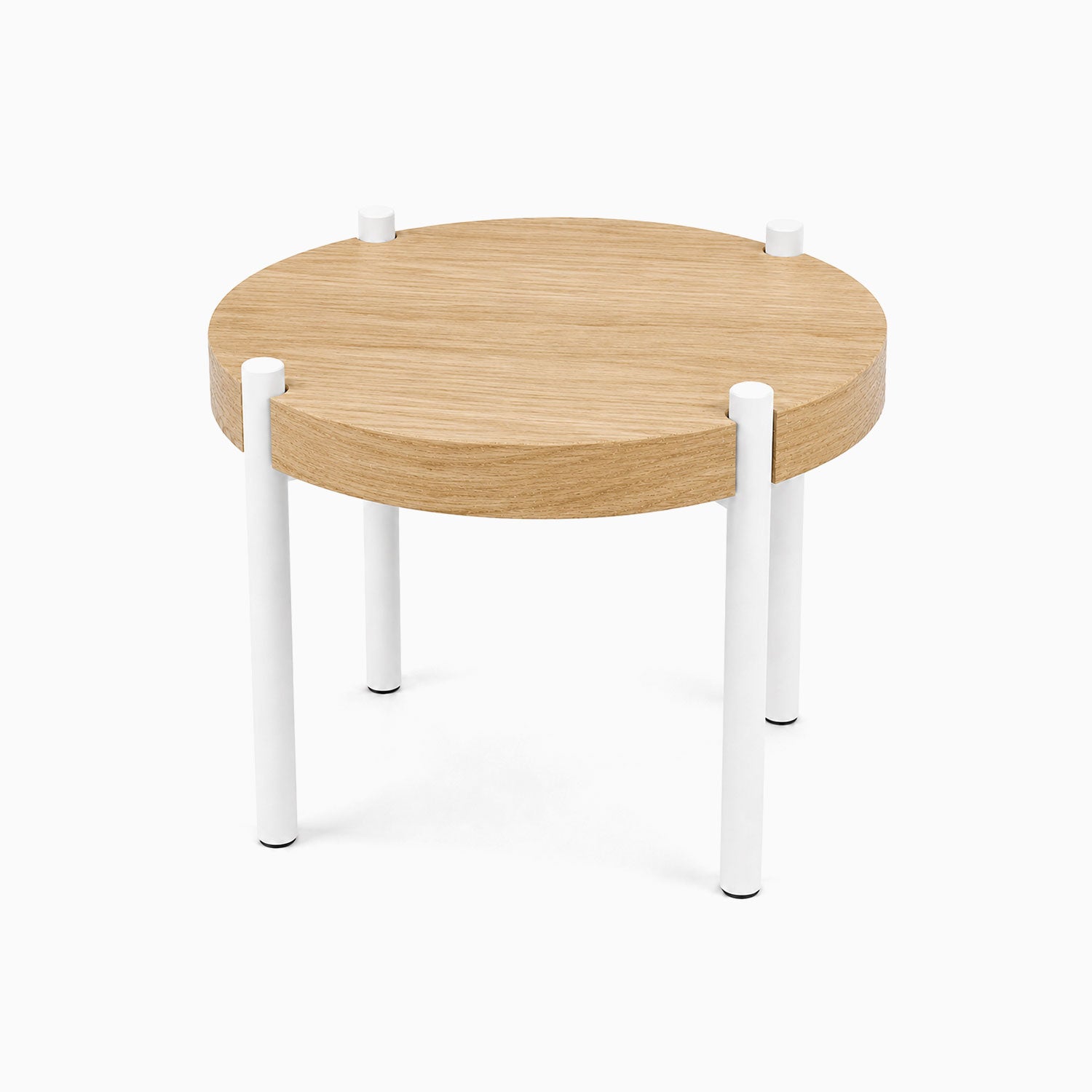 Fern Plant Stand (White Oak) featuring a minimalist round white oak top with sturdy white metal legs, perfect for display and organization.