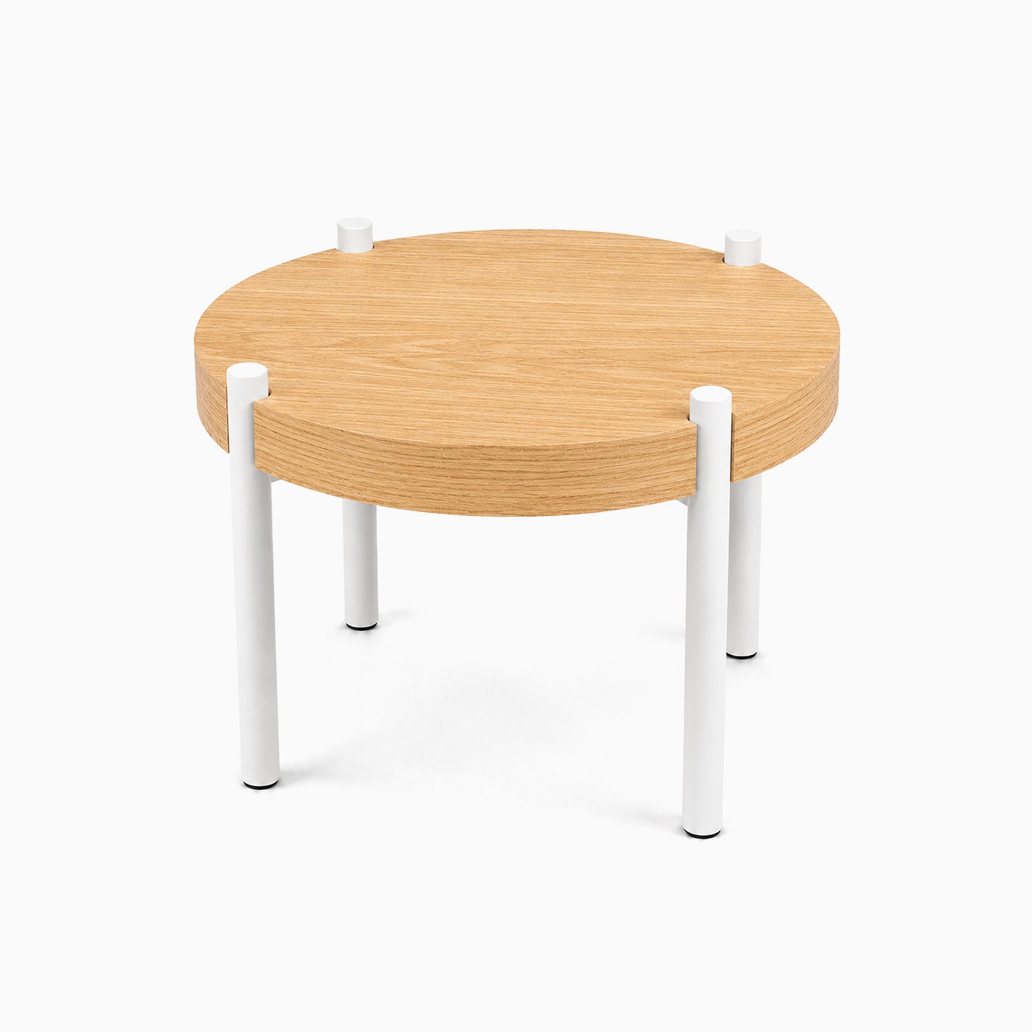 Minimalist Fern Plant Stand (White Oak) with round solid hardwood top and four white steel legs, designed for functional, durable display.