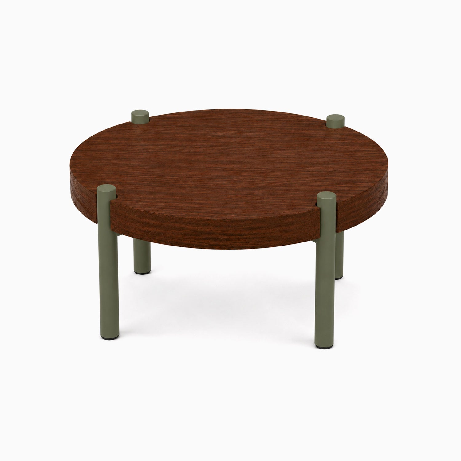 Round Fern Plant Stand (Walnut) with minimalist design, walnut hardwood top supported by durable muted green metal legs for stylish plant display.