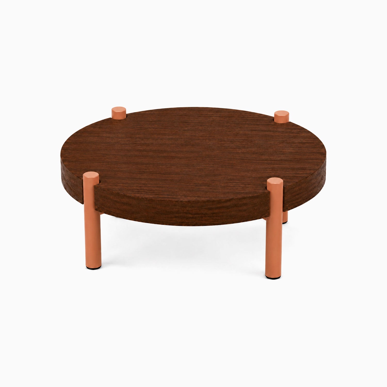 Fern Plant Stand (Walnut) featuring a round solid walnut top with minimalist copper-colored metal legs, designed for stylish plant display and organization.