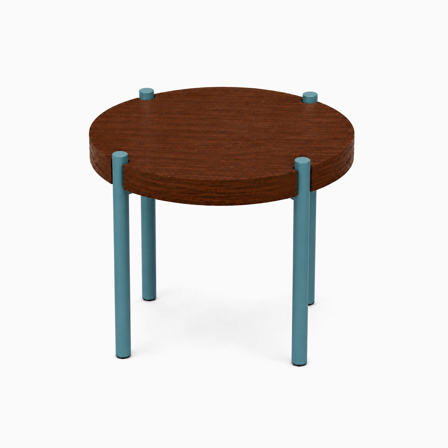 Fern Plant Stand (Walnut) featuring a round walnut top with sturdy light blue steel legs, blending solid hardwood and metal for durable, minimalist style.