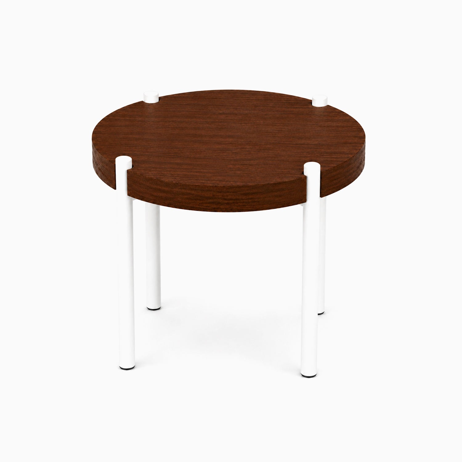 Fern Plant Stand (Walnut) featuring a round solid hardwood walnut top with minimalist white metal legs, designed for stylish and functional display.