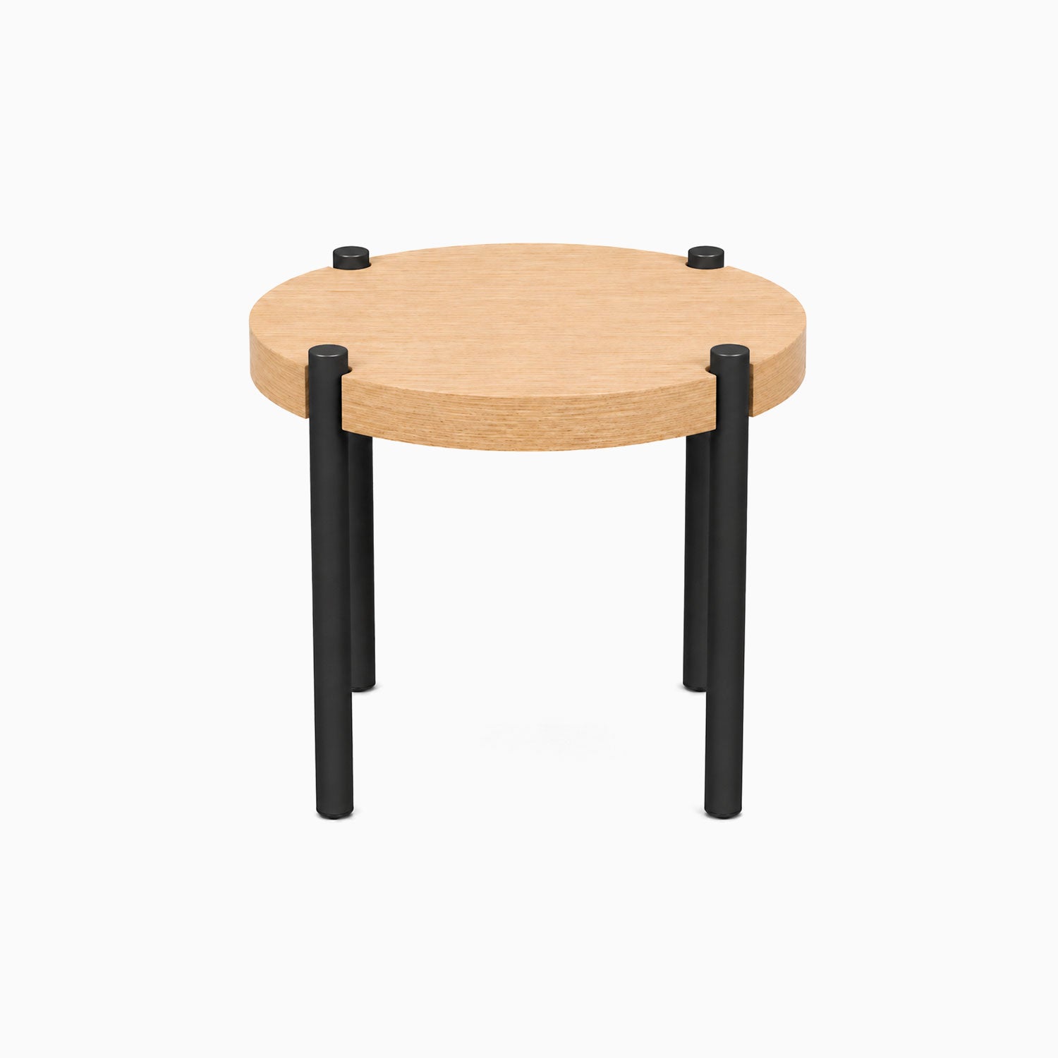 Fern Plant Stand (White Oak) with a round solid hardwood top and sturdy black metal legs, designed for minimalist functional display.