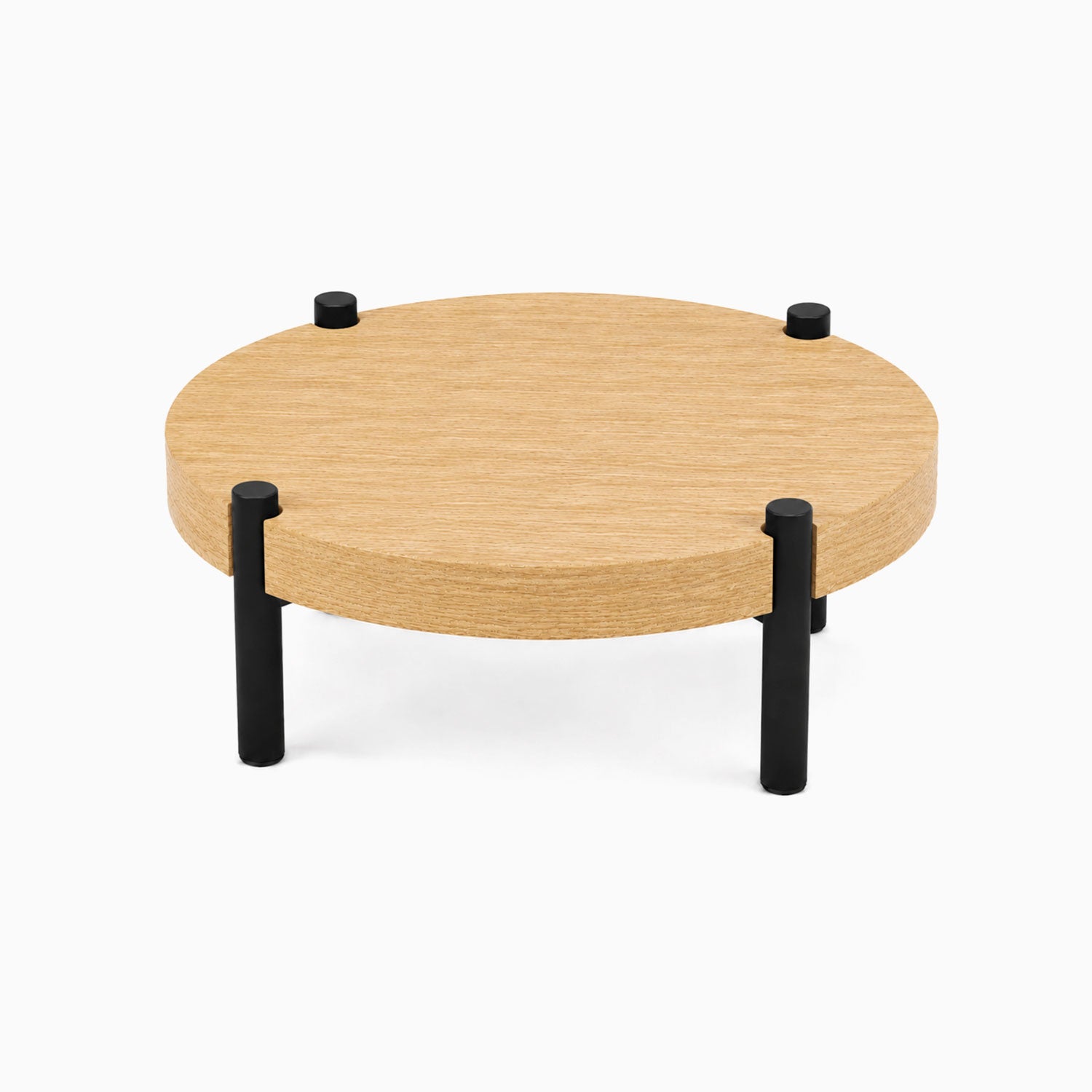 Fern Plant Stand (White Oak) featuring a minimalist round solid hardwood top supported by black metal legs for stylish plant display and organization.