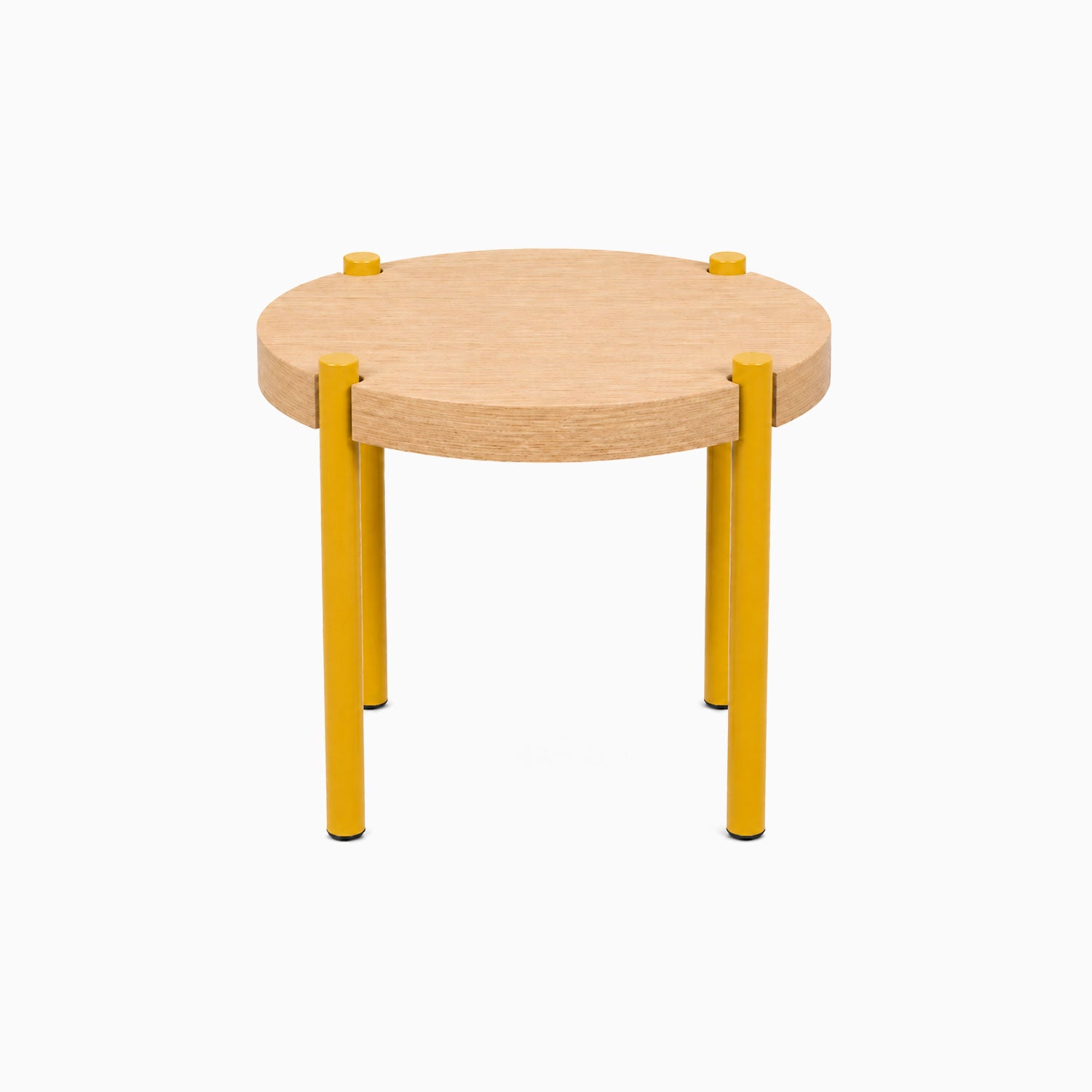 Fern Plant Stand (White Oak) featuring a minimalist round white oak top with vibrant yellow metal legs, designed for functional wall shelf and room organization.
