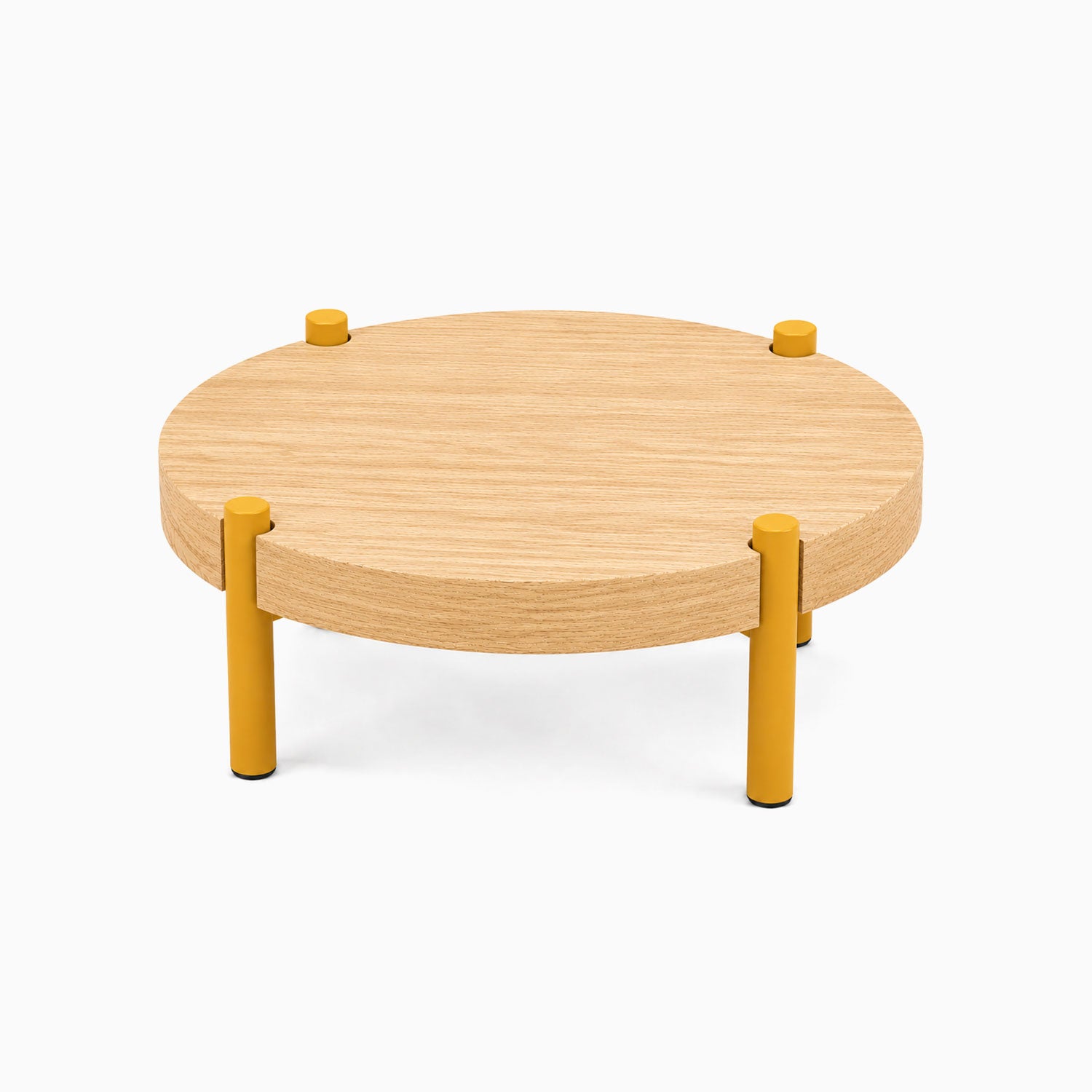 Fern Plant Stand (White Oak) with a round solid oak top and four short mustard-colored metal legs, minimalist design for display and organization.