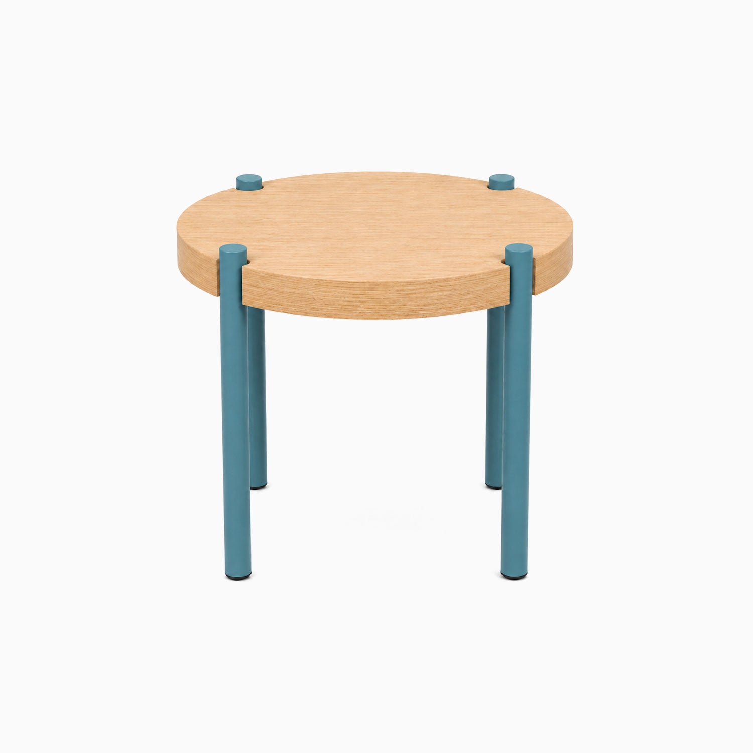Fern Plant Stand (White Oak) featuring a minimalist round solid hardwood top with sturdy blue steel legs, designed by Shelfology for stylish display and organization.