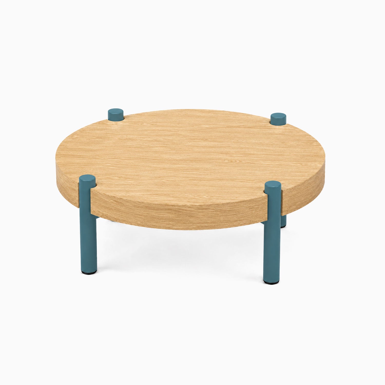 Fern Plant Stand (White Oak) with a round solid hardwood top supported by four sturdy blue metal legs, minimalist and functional design ideal for display and organization.