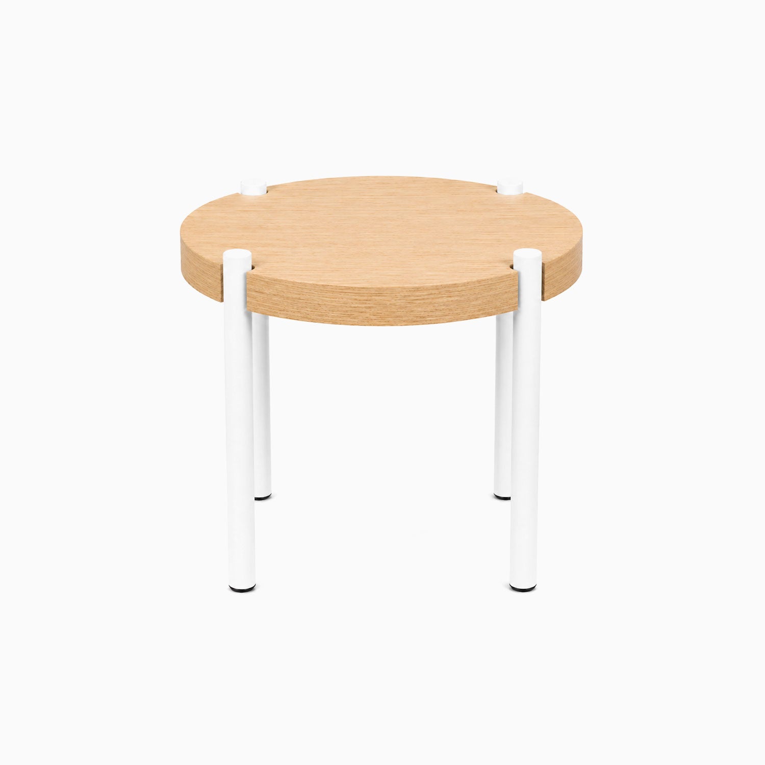 Fern Plant Stand (White Oak) with a minimalist round solid hardwood top and sturdy white steel legs, designed for functional modern spaces.