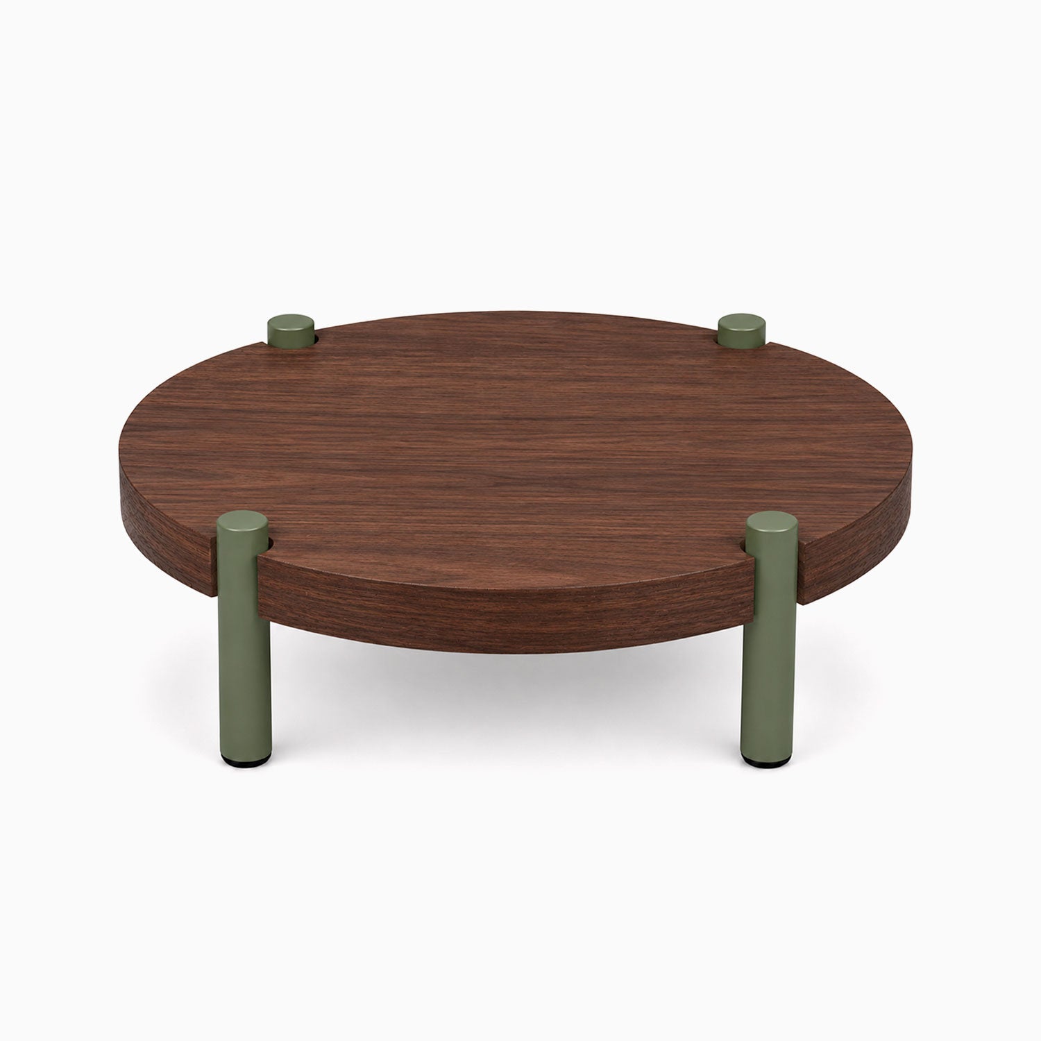 Fern Plant Stand (Walnut) with solid walnut wood top and olive green steel legs, minimalist design perfect for displaying plants and decor.