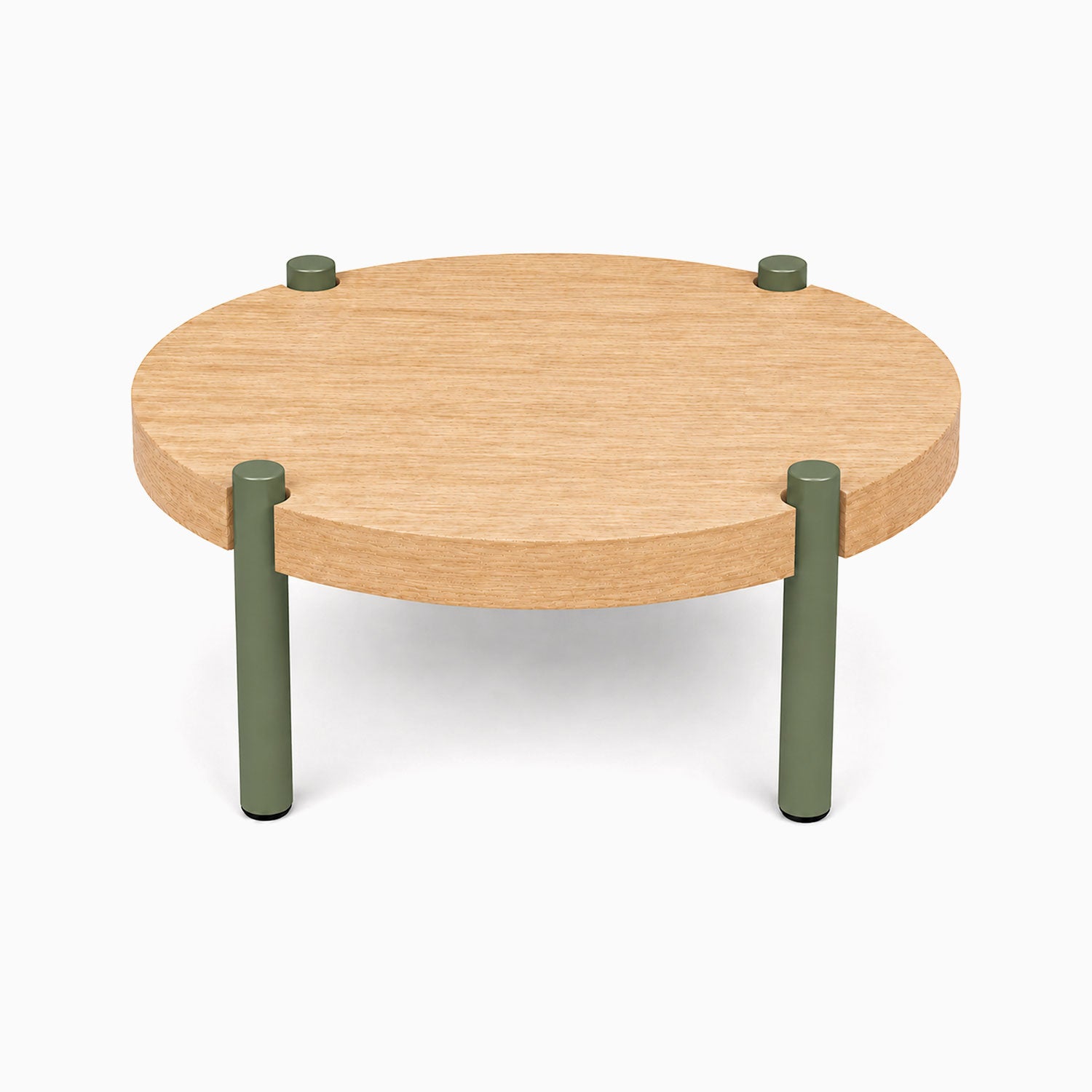 Fern Plant Stand (White Oak) featuring a round minimalist white oak top with sturdy green metal legs, designed for stylish plant display and organization.