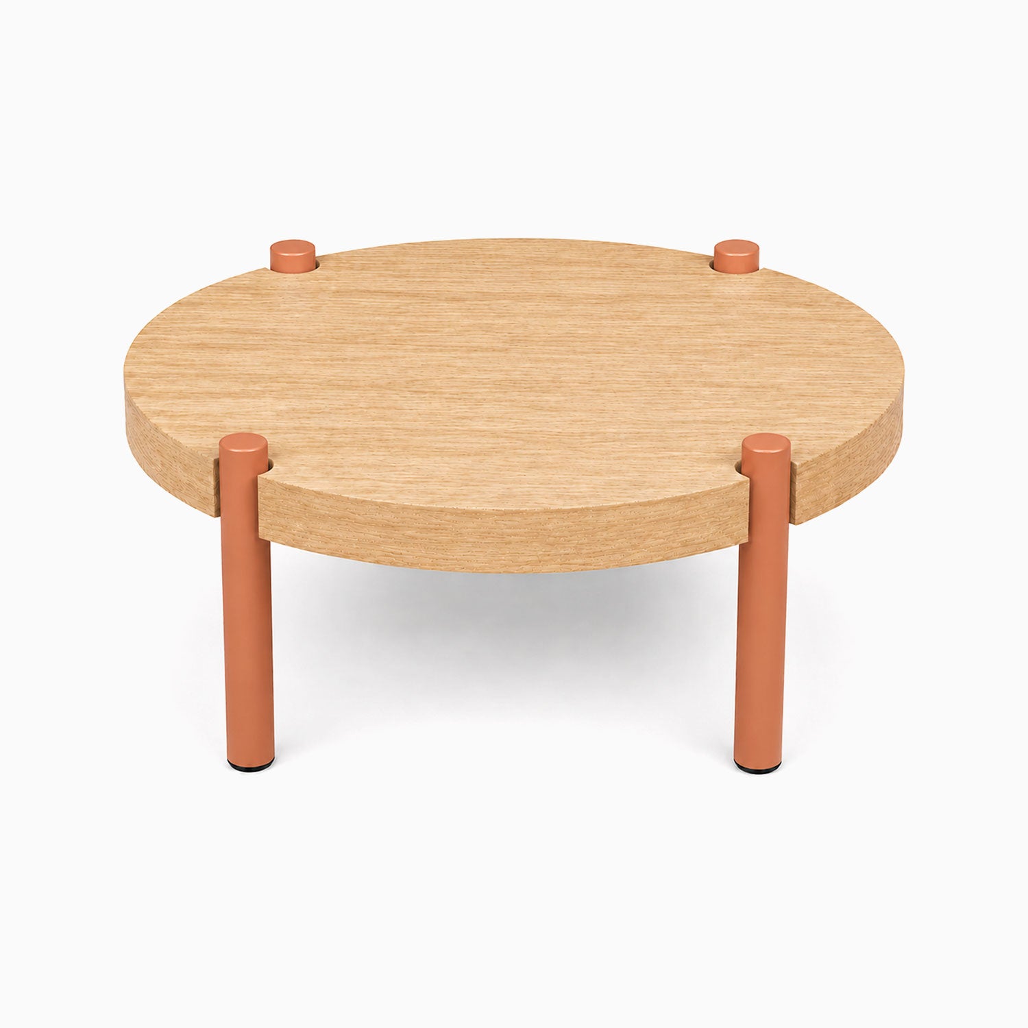 Fern Plant Stand (White Oak) with round solid white oak wood top and rust-resistant metal legs in muted orange, designed for functional, minimalist display and organization.