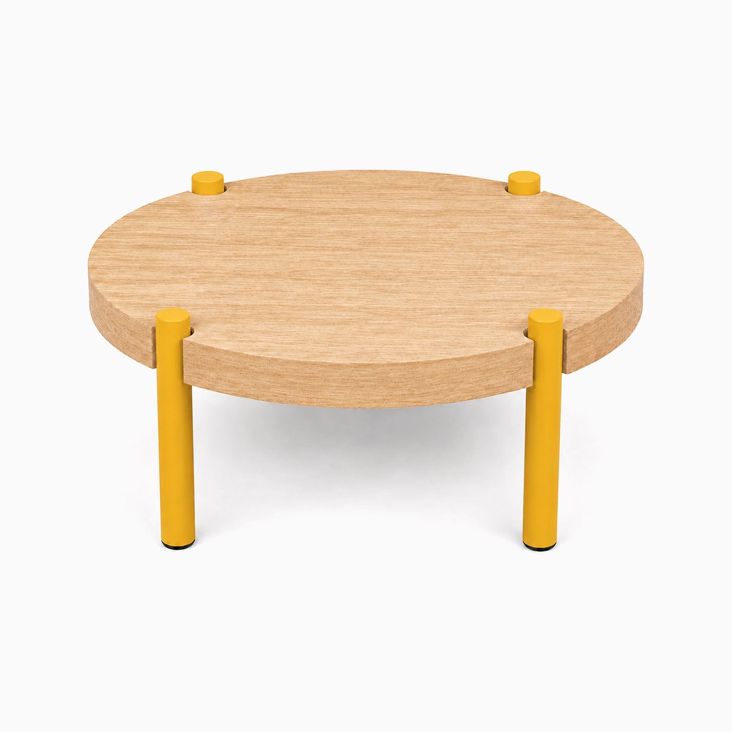 Fern Plant Stand (White Oak) with a round white oak top and sturdy yellow metal legs, designed for stylish and functional plant display.