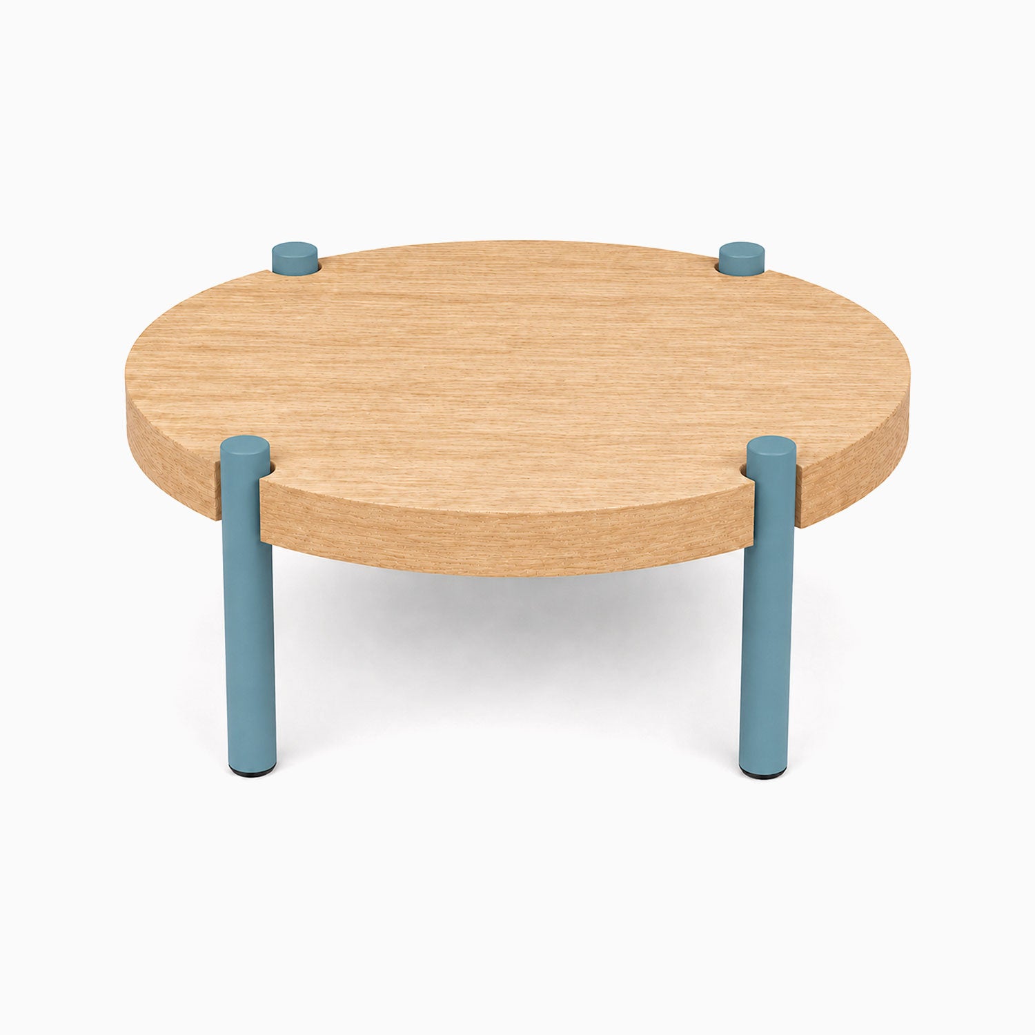 Fern Plant Stand (White Oak) with a round wood surface and sturdy steel legs in muted blue, blending natural and modern design.