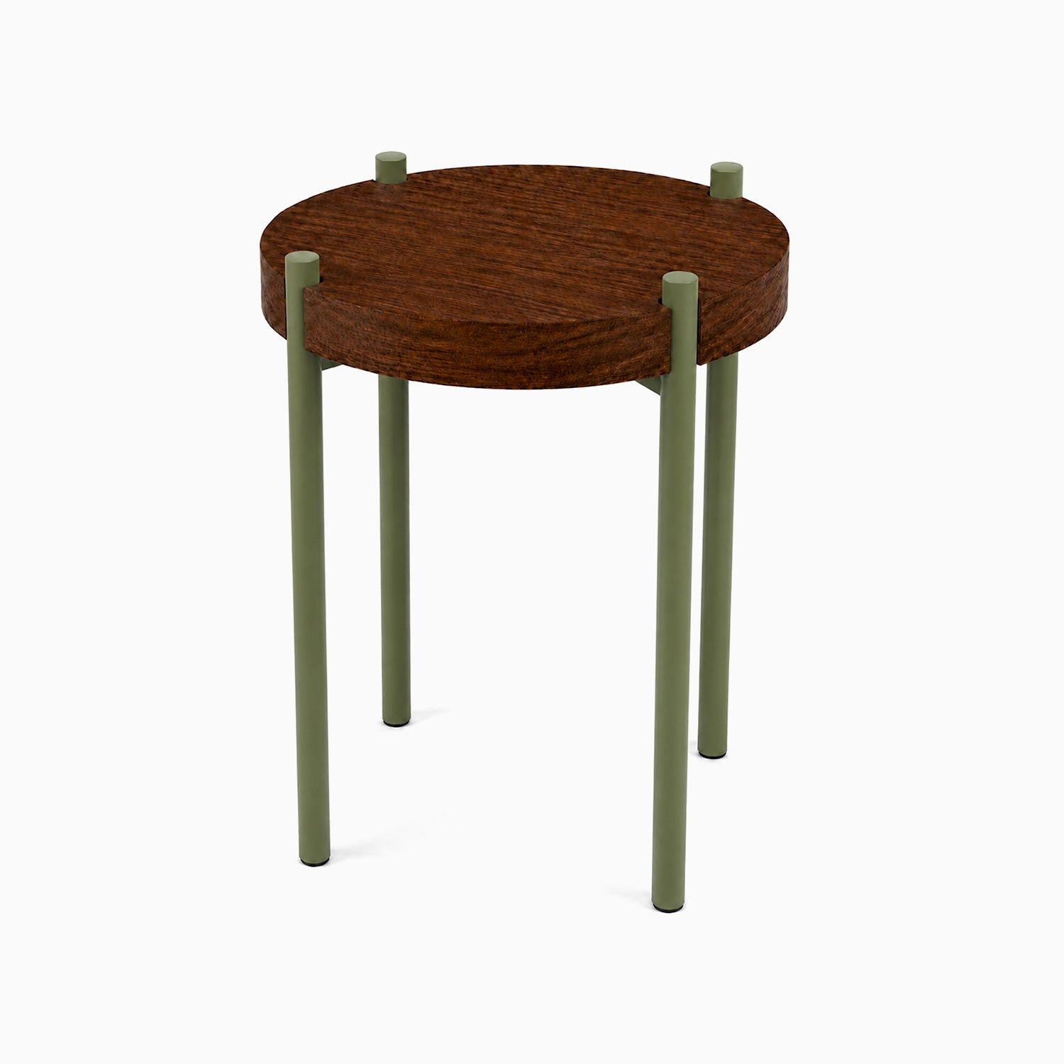 Fern Plant Stand (Walnut) featuring a round solid walnut top with four sturdy olive green metal legs, combining wood and steel for a minimalist display solution.