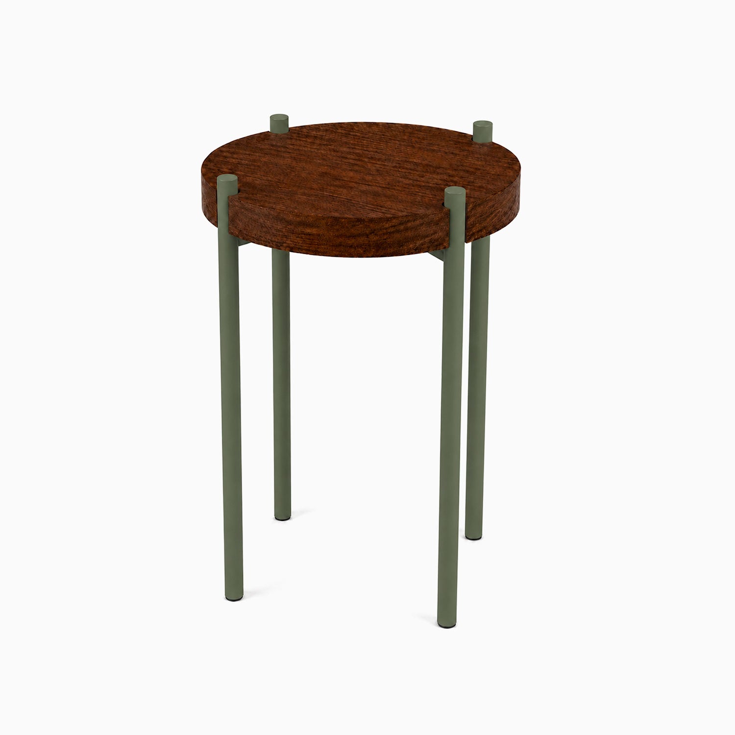 Fern Plant Stand (Walnut) featuring a minimalist design with a round walnut top and durable green metal legs, perfect for stylish plant display and organization.