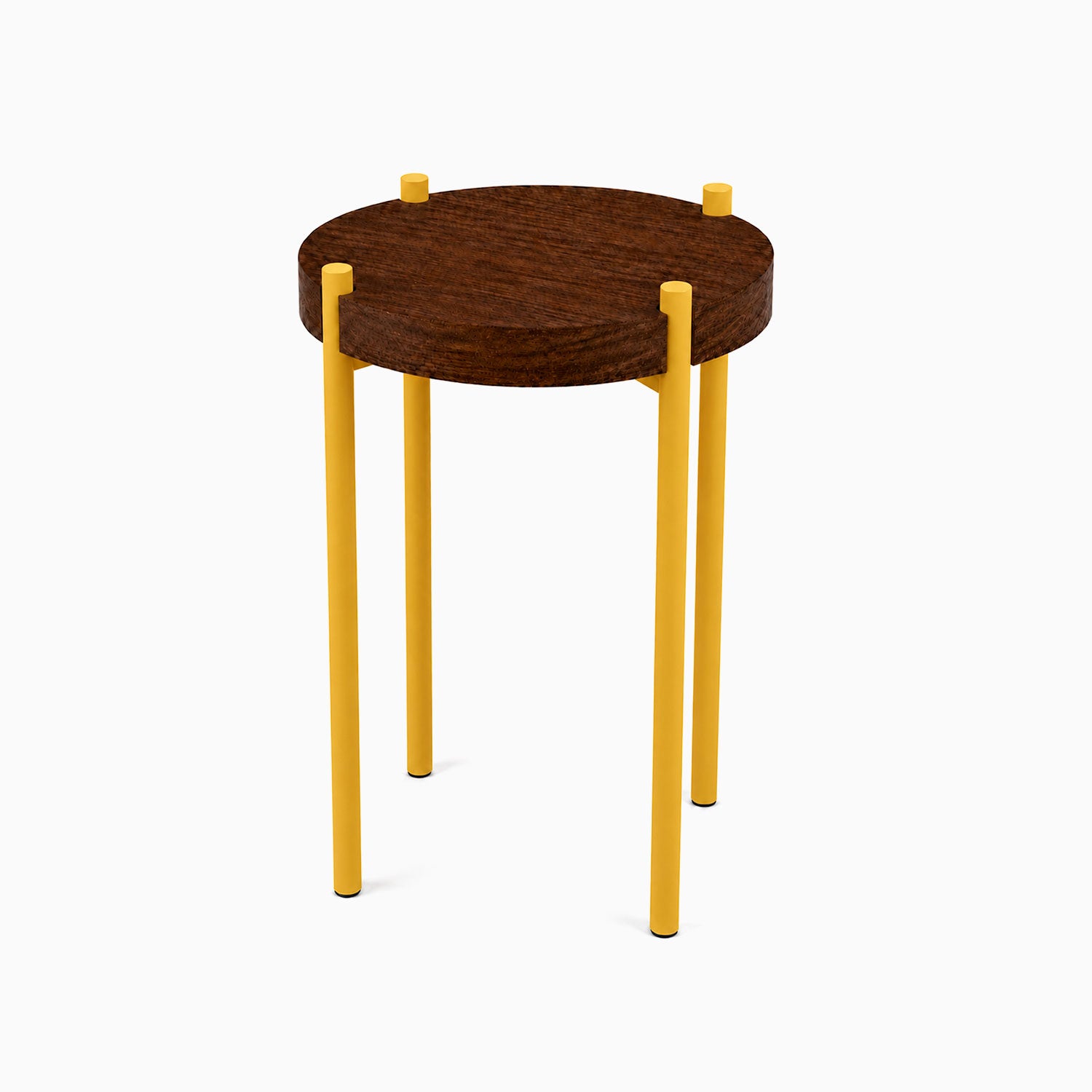Fern Plant Stand (Walnut) featuring a round walnut wood top supported by minimalist yellow metal legs, blending solid hardwood and steel for a modern display solution.